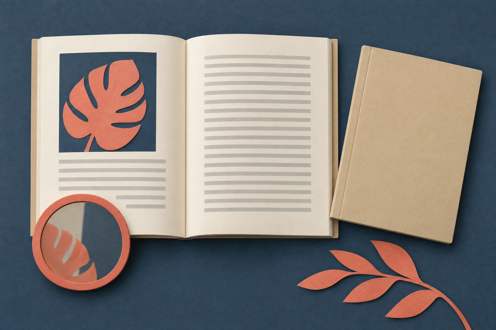 A print studio still life of a book product arranged with a small round mirror, in coral, sand, slate, and cream.