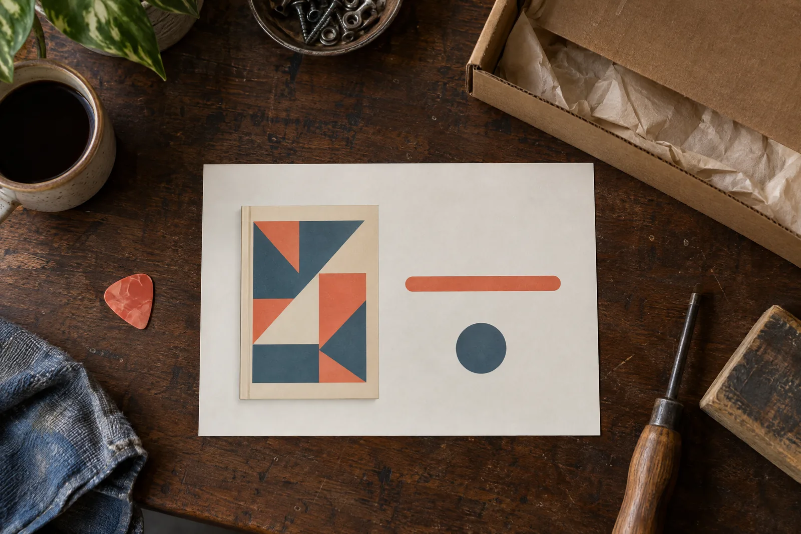 A garage workshop still life of a delivery product arranged with a guitar pick, in coral, sand, slate, and cream.