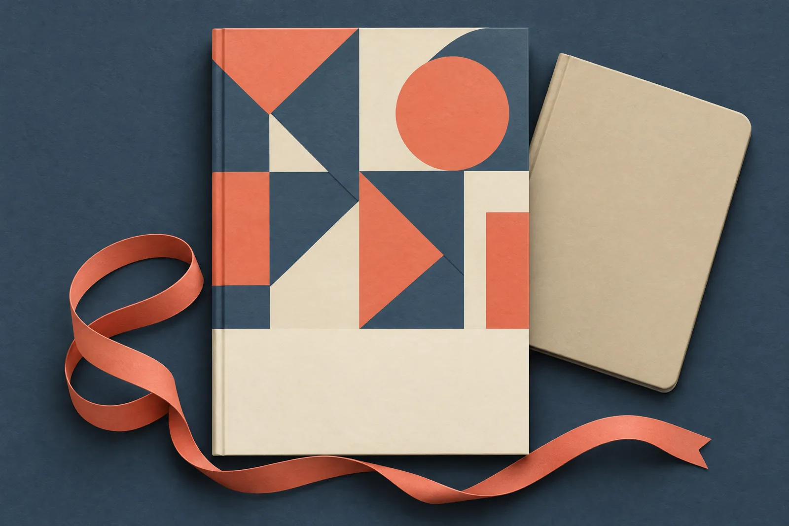 A sunroom still life of a ebook product arranged with a coiled coral ribbon, in coral, sand, slate, and cream.
