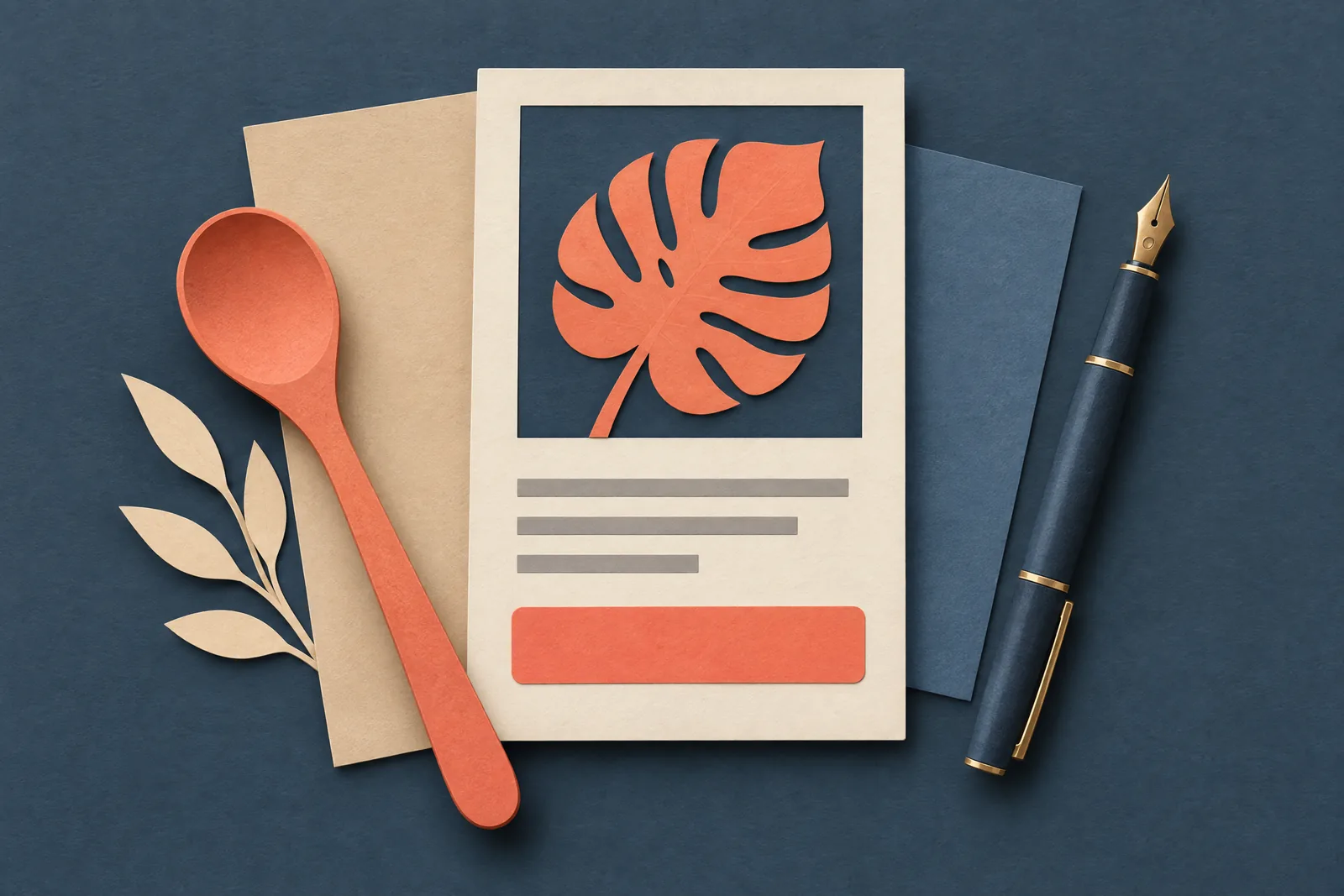 A rehearsal corner still life of a payment product arranged with a wooden spoon, in coral, sand, slate, and cream.