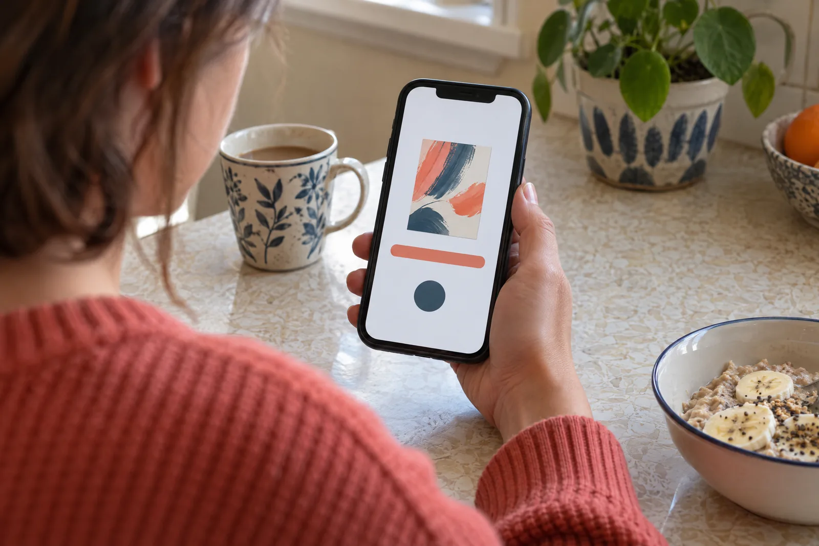 Selling with PayPal: Download Sales for Beginners. Over-the-shoulder view of a person in a coral knit holding a phone with a completed download.