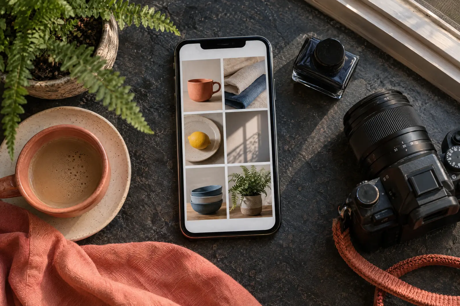 A sunroom still life of a photo product arranged with a small ink bottle, in coral, sand, slate, and cream.
