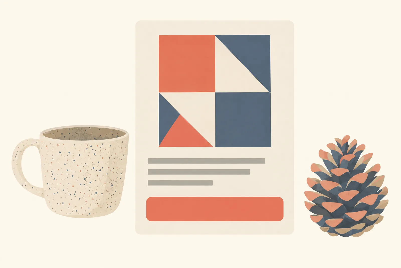 A clay studio still life of a general product arranged with a pinecone, in coral, sand, slate, and cream.