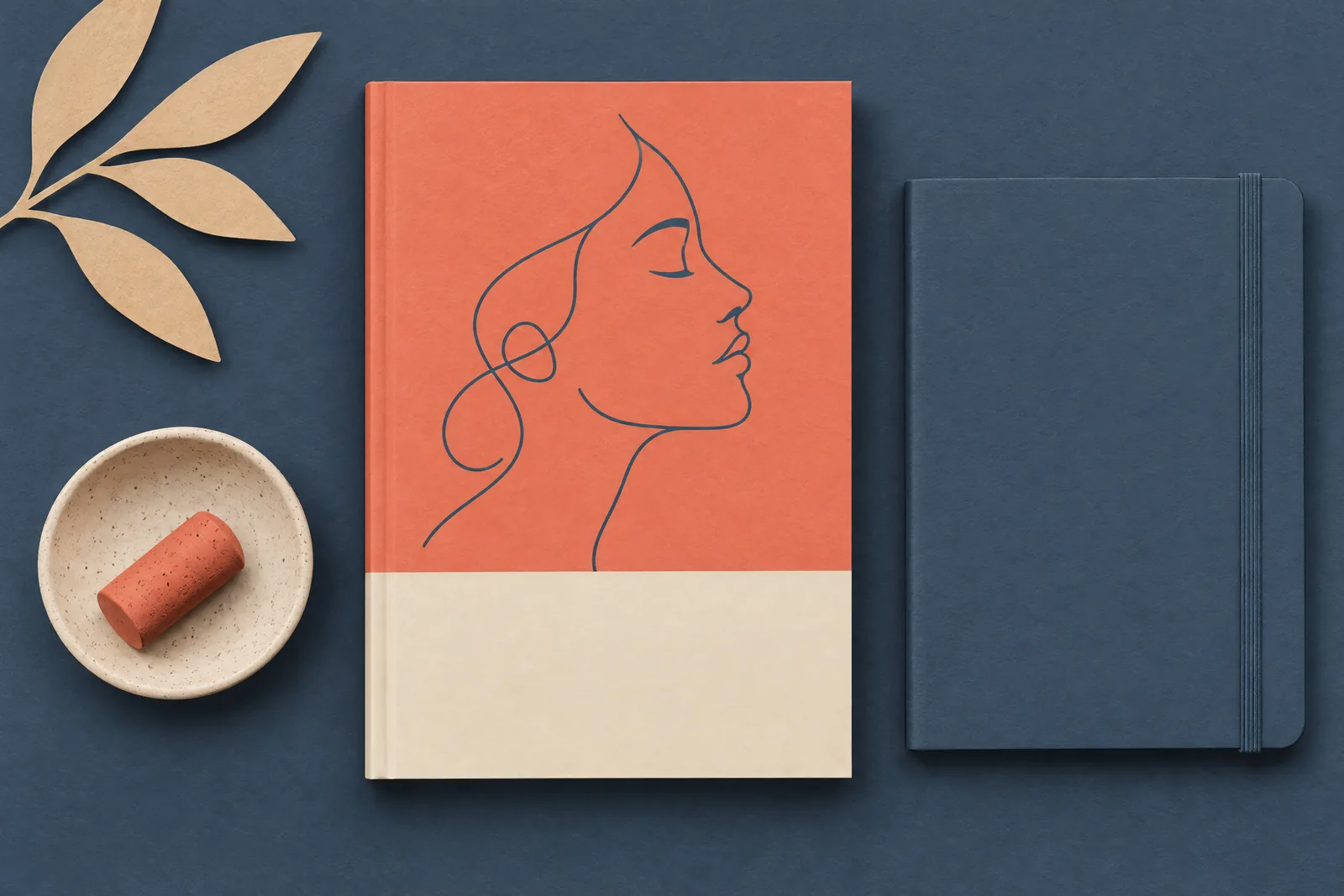 A guest room still life of a ebook product arranged with a cork, in coral, sand, slate, and cream.