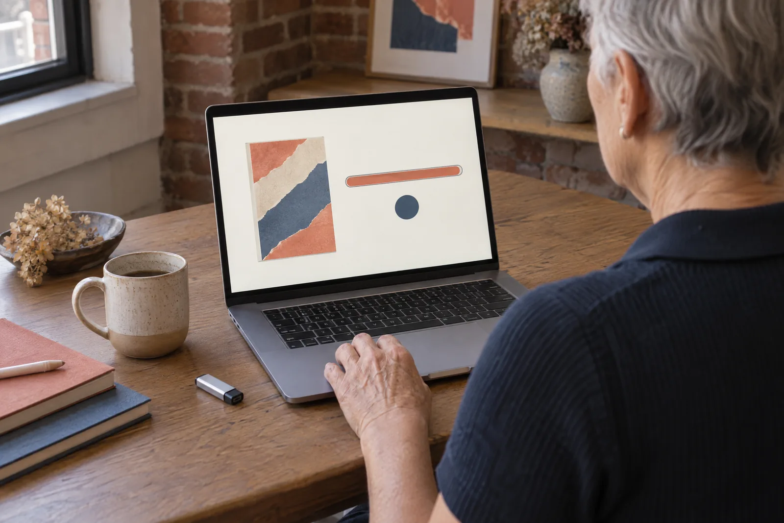 An older woman with cropped gray hair in a navy knit polo at a loft corner looks at a screen showing a software product for sale, with a dried flower beside them.