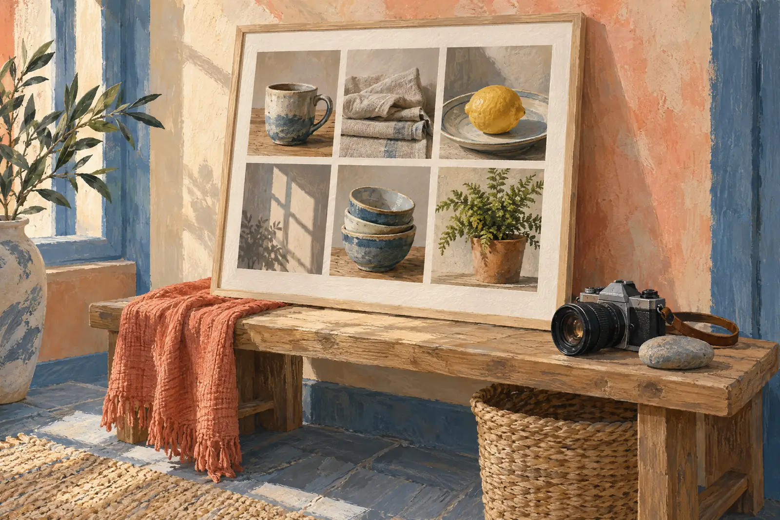 A craft barn still life of a photo product arranged with a smooth river stone, in coral, sand, slate, and cream.