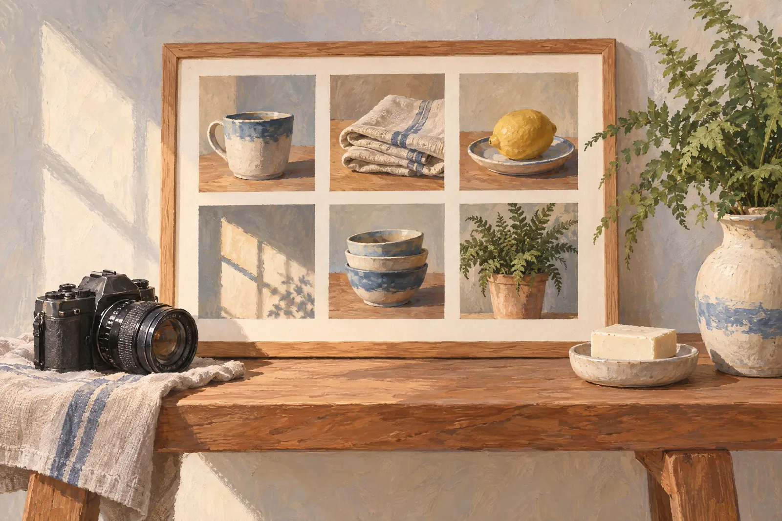 A clock shop still life of a photo product arranged with a bar of cream soap, in coral, sand, slate, and cream.