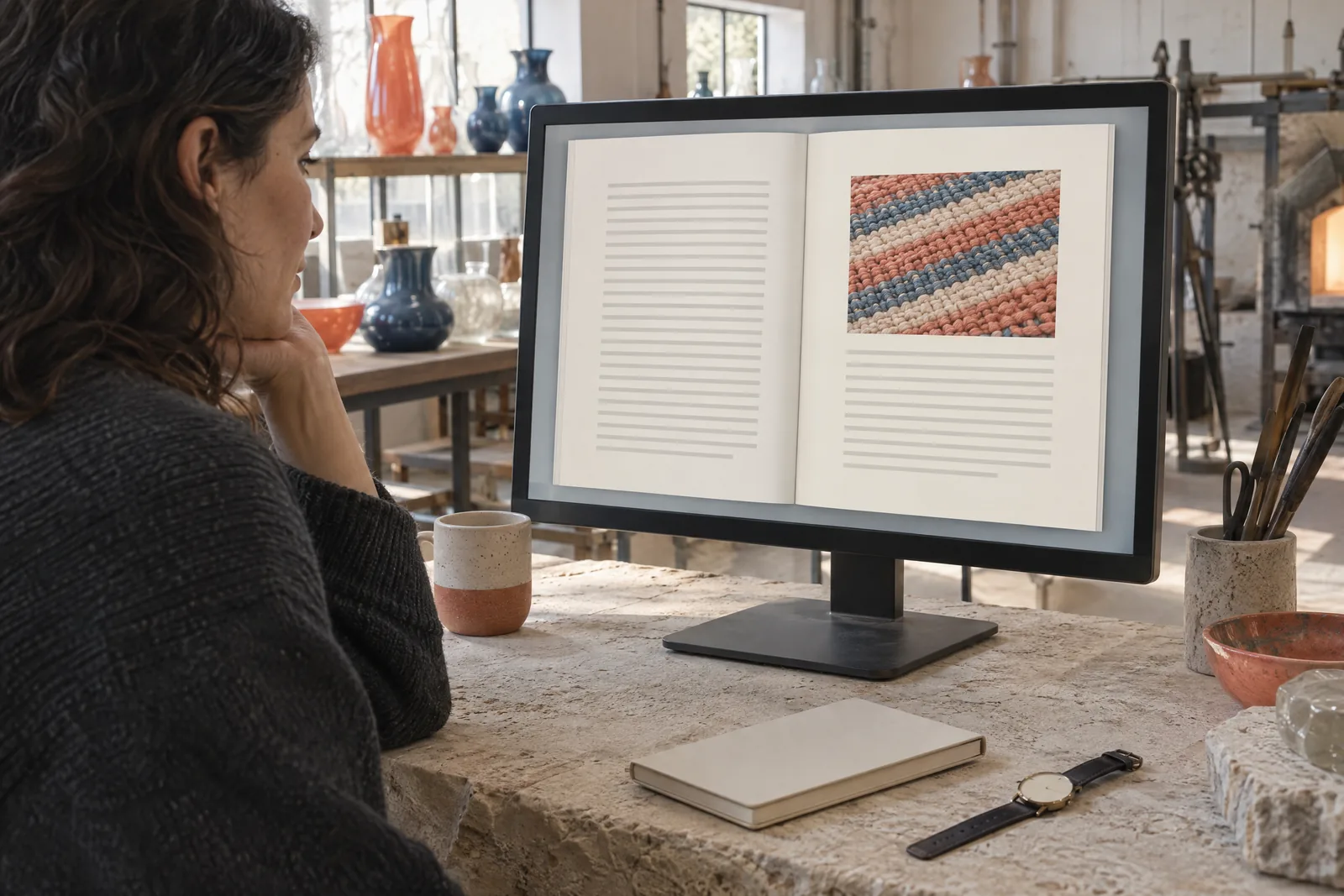 A woman in her thirties with dark wavy hair in a charcoal sweater at a glass studio looks at a screen showing a book product for sale, with a wristwatch with a blank face beside them.