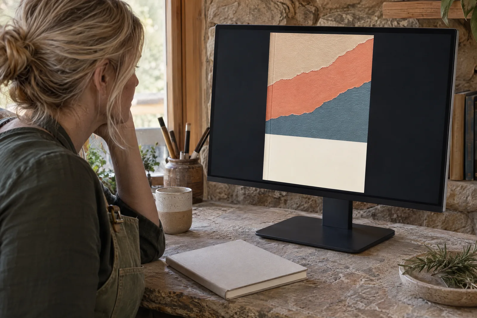 A woman in her forties with blonde hair tied back in a green canvas apron at a writing cabin looks at a screen showing a ebook product for sale, with a sprig of rosemary beside them.