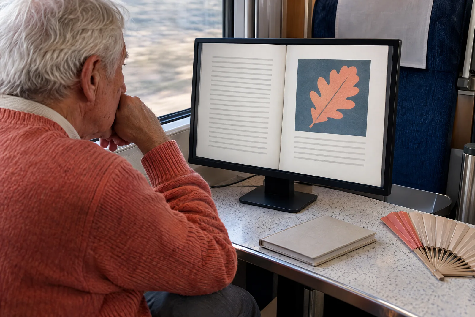 A man in his seventies with white hair in a coral knit sweater at a train compartment looks at a screen showing a book product for sale, with a paper fan beside them.