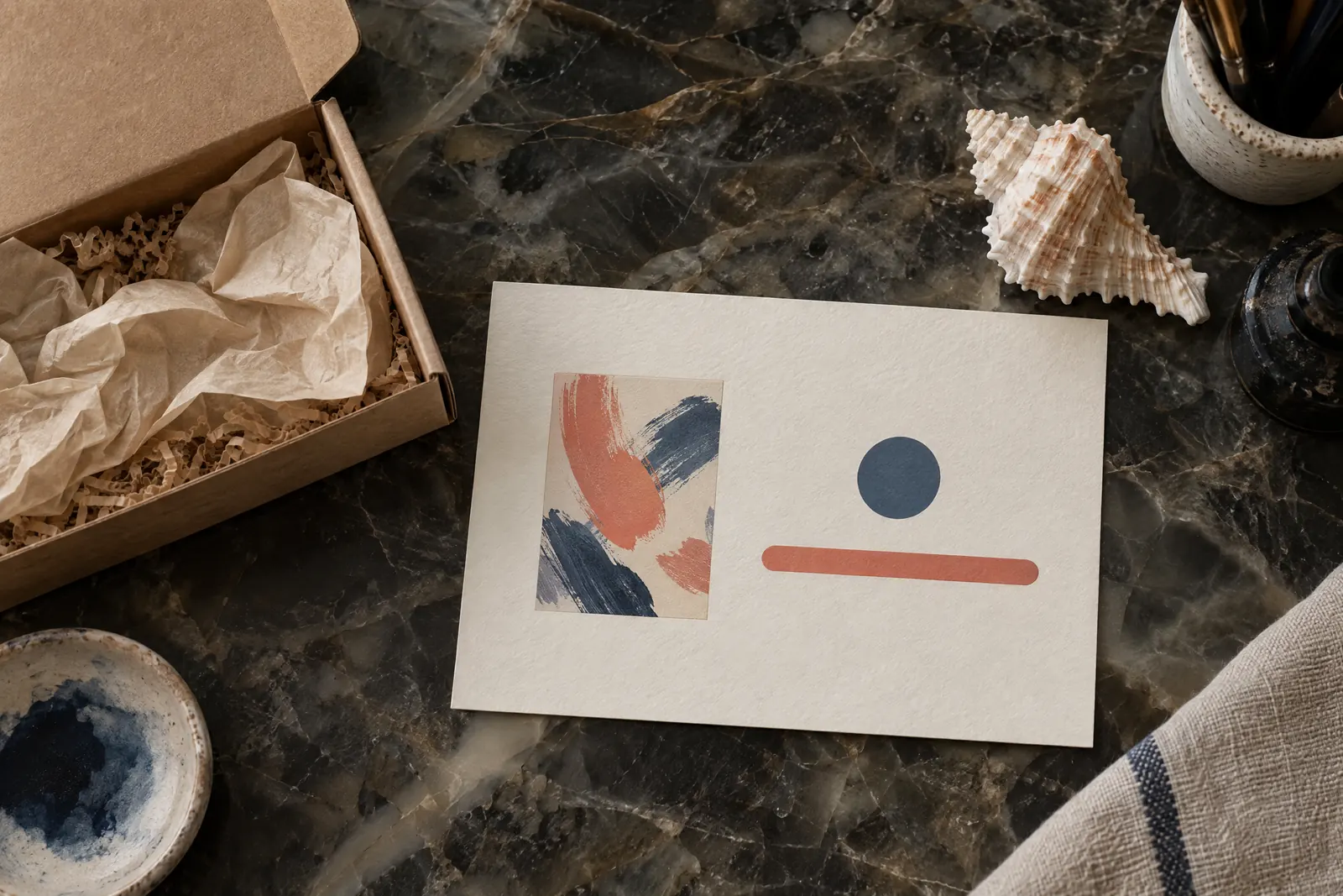 A ink studio still life of a delivery product arranged with a seashell, in coral, sand, slate, and cream.