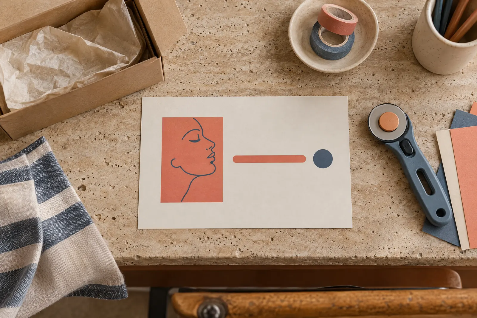 A schoolroom desk still life of a delivery product arranged with a rotary cutter, in coral, sand, slate, and cream.