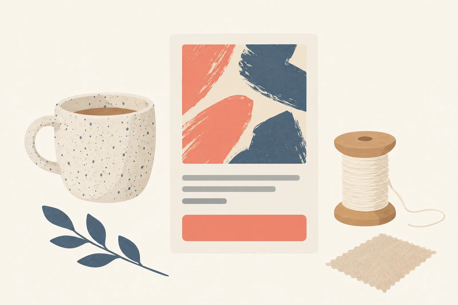 A tailor shop still life of a general product arranged with a wooden spool of cream thread, in coral, sand, slate, and cream.