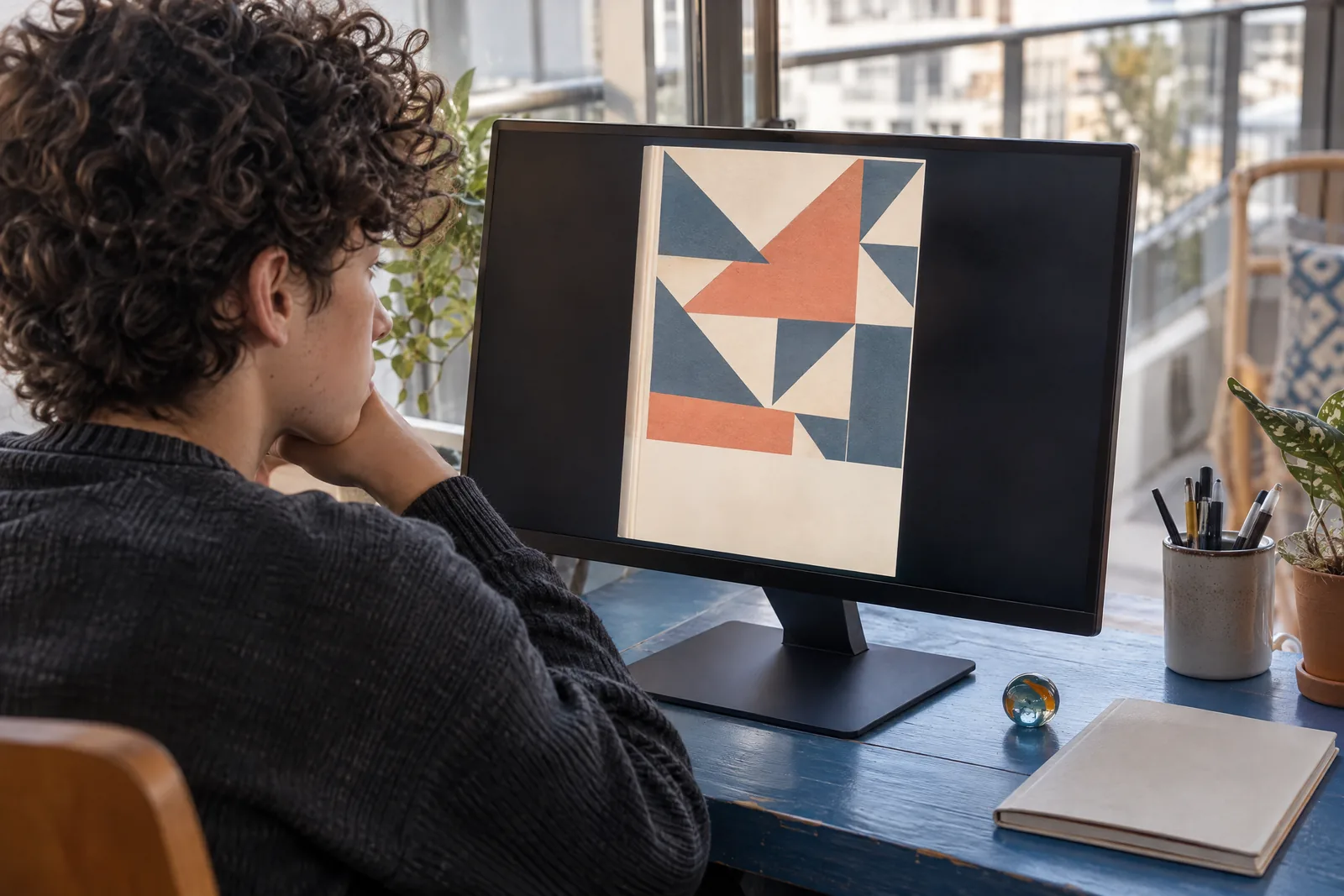 A teenager with curly hair in a charcoal sweater at a glass balcony looks at a screen showing a ebook product for sale, with a glass marble beside them.