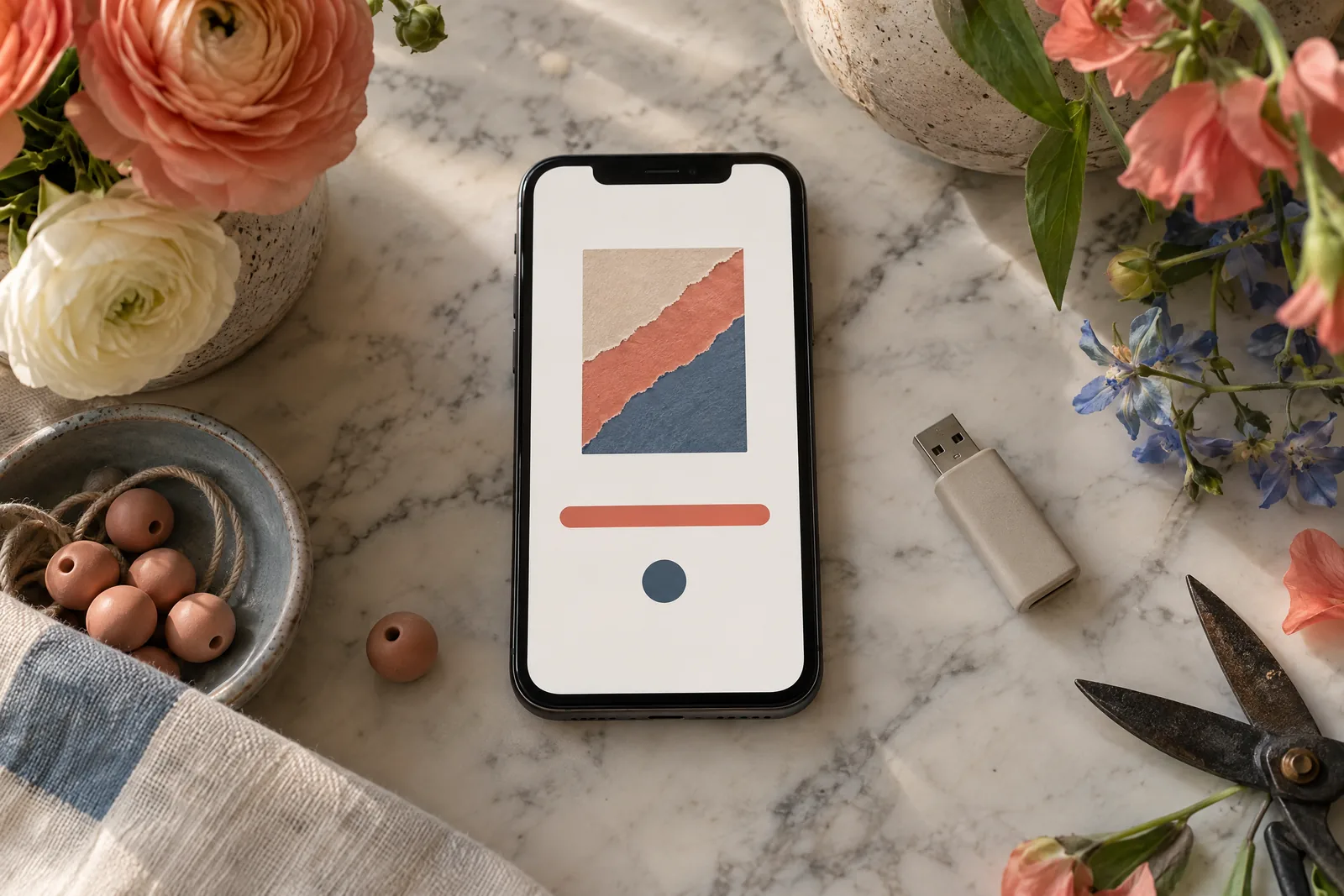 A flower workroom still life of a software product arranged with a clay bead, in coral, sand, slate, and cream.