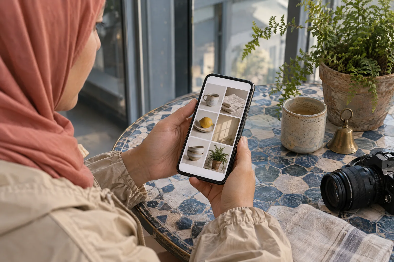 A woman in her thirties wearing a headscarf in a sand rain jacket at a glass balcony looks at a screen showing a photo product for sale, with a small brass bell beside them.