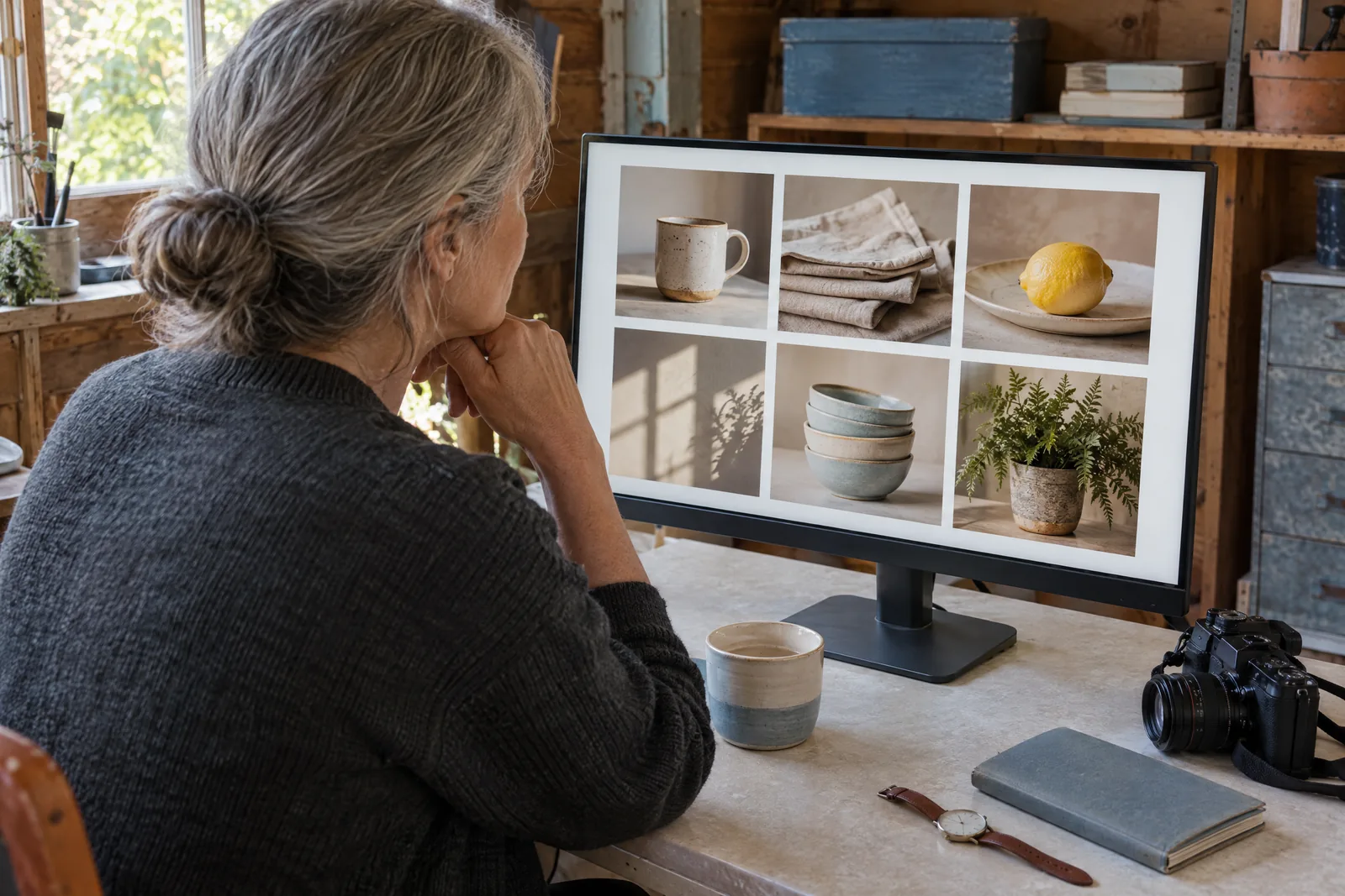 A woman in her fifties with silver hair in a low bun in a charcoal sweater at a garden shed looks at a screen showing a photo product for sale, with a wristwatch with a blank face beside them.
