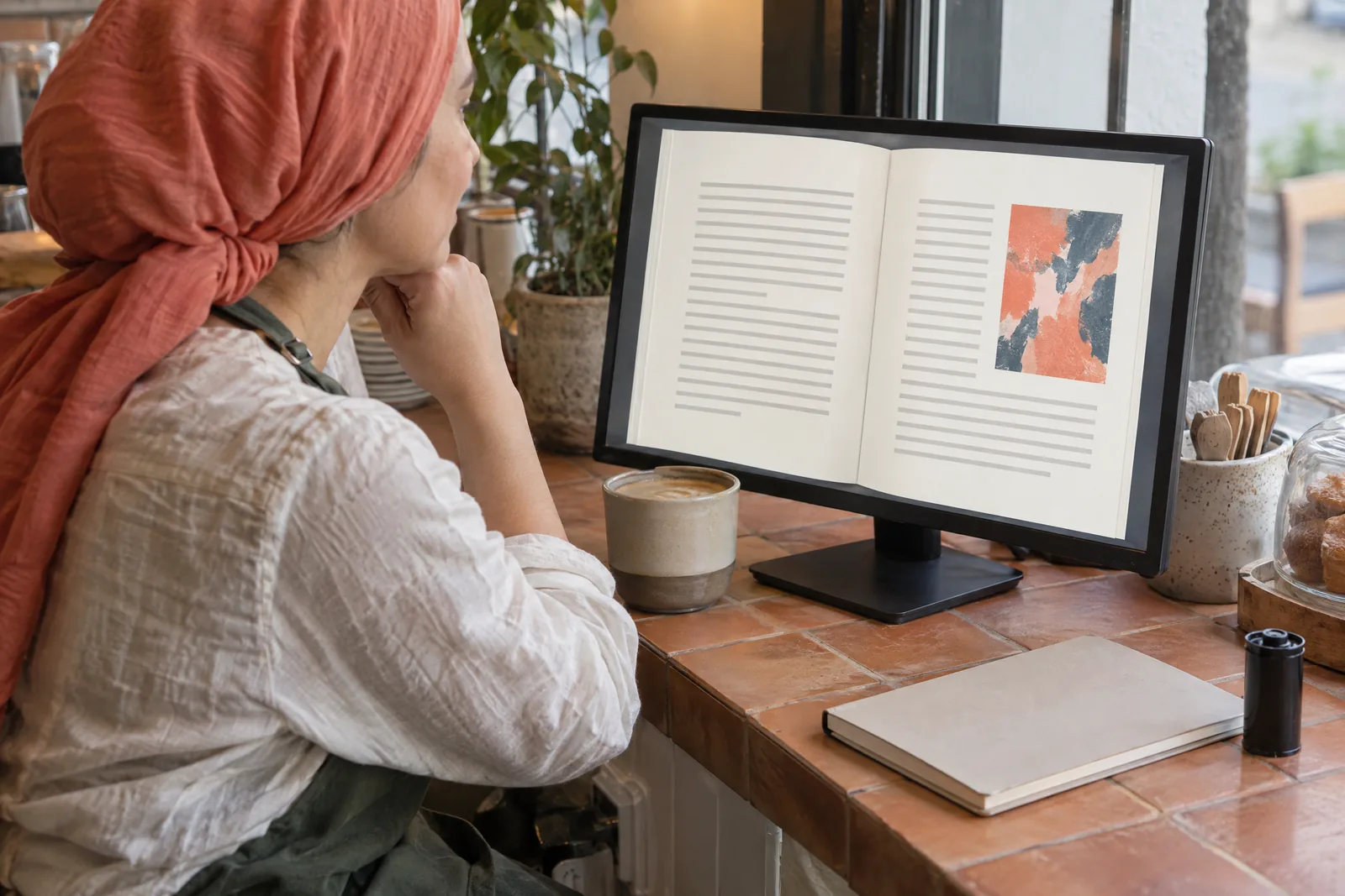 A woman in her thirties wearing a headscarf in a green canvas apron at a cafe window looks at a screen showing a book product for sale, with a black film canister beside them.