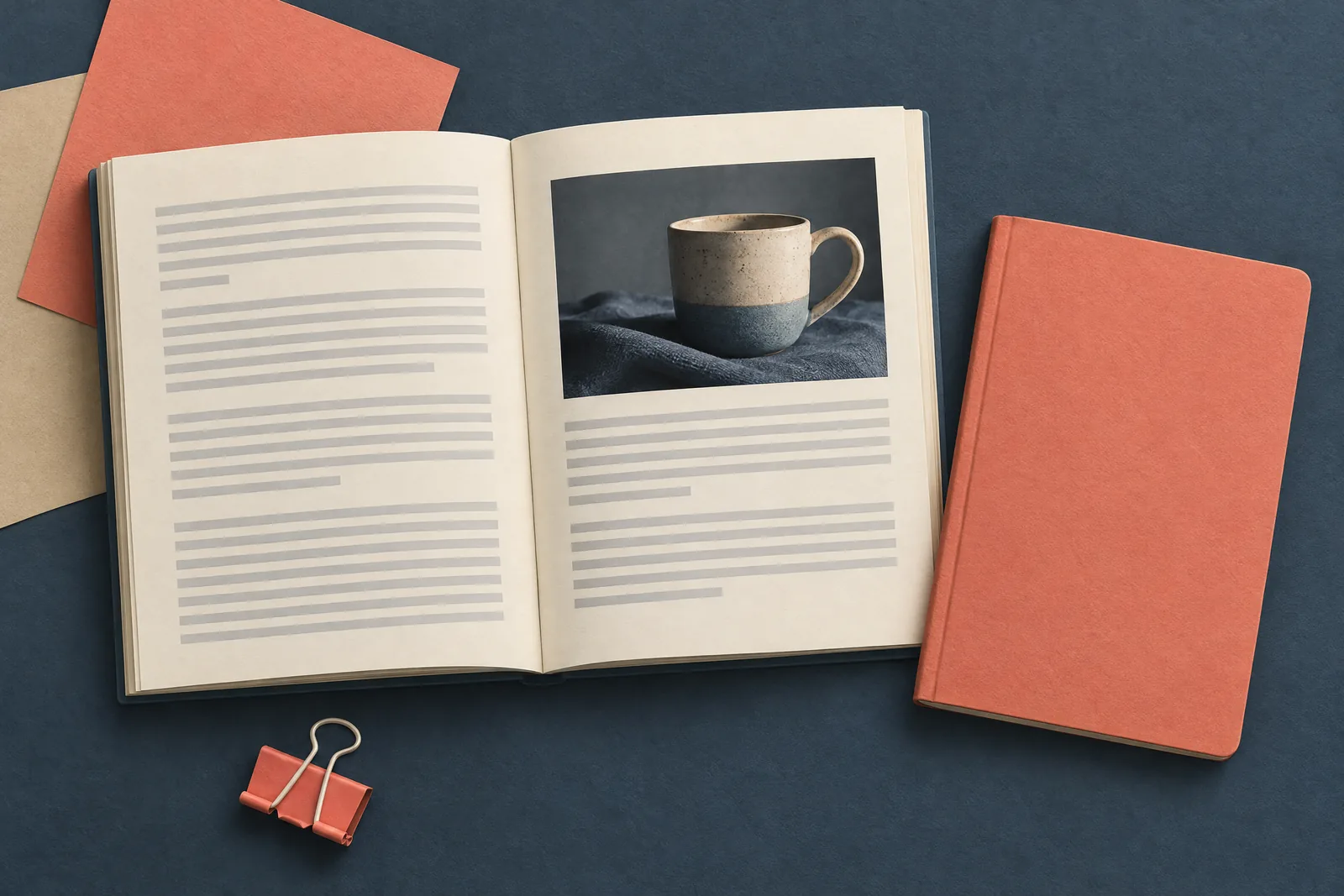 A pottery shed still life of a book product arranged with a black binder clip, in coral, sand, slate, and cream.