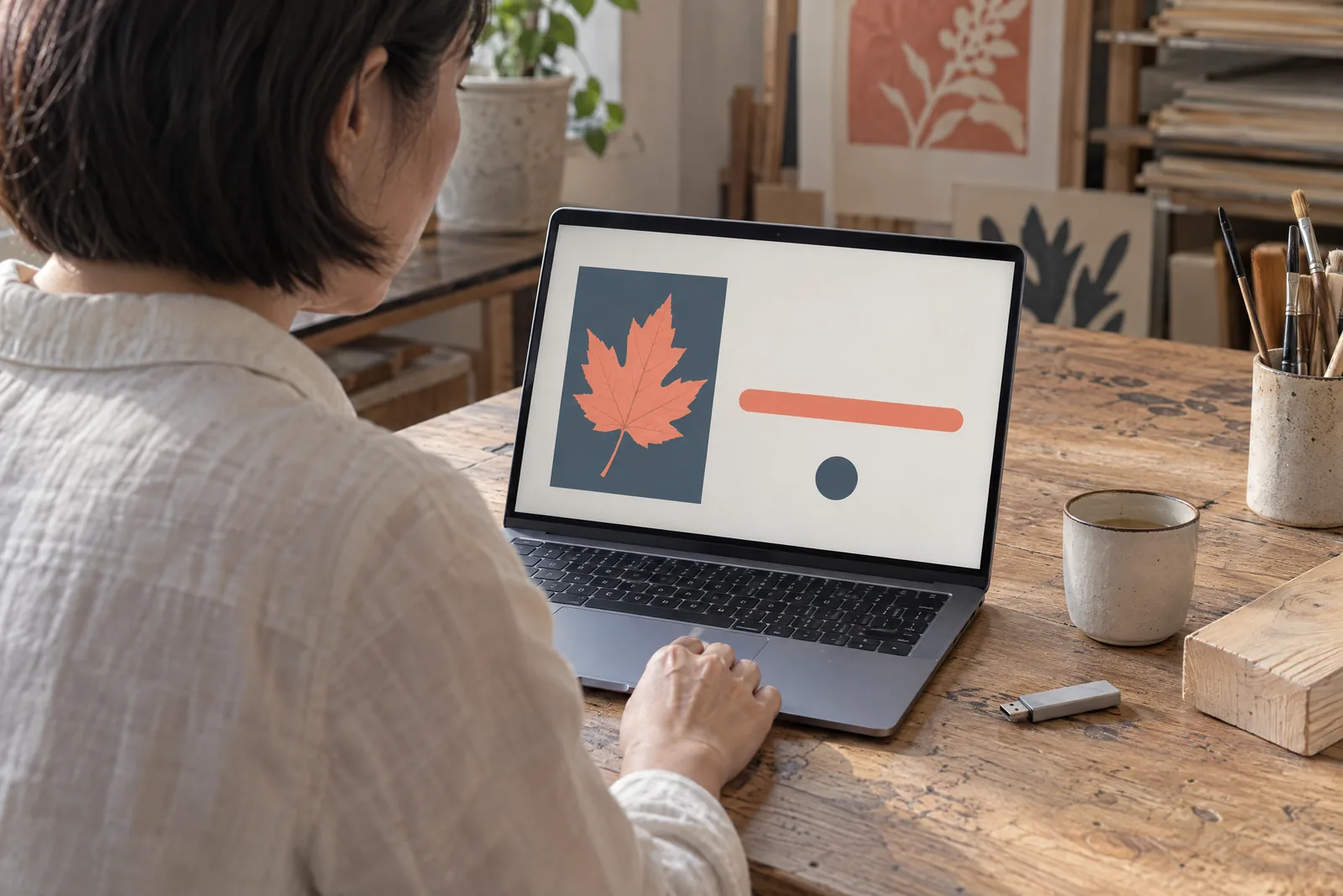 An east asian woman in her forties with a short bob in a cream linen shirt at a paper studio looks at a screen showing a software product for sale, with a pale wooden block beside them.