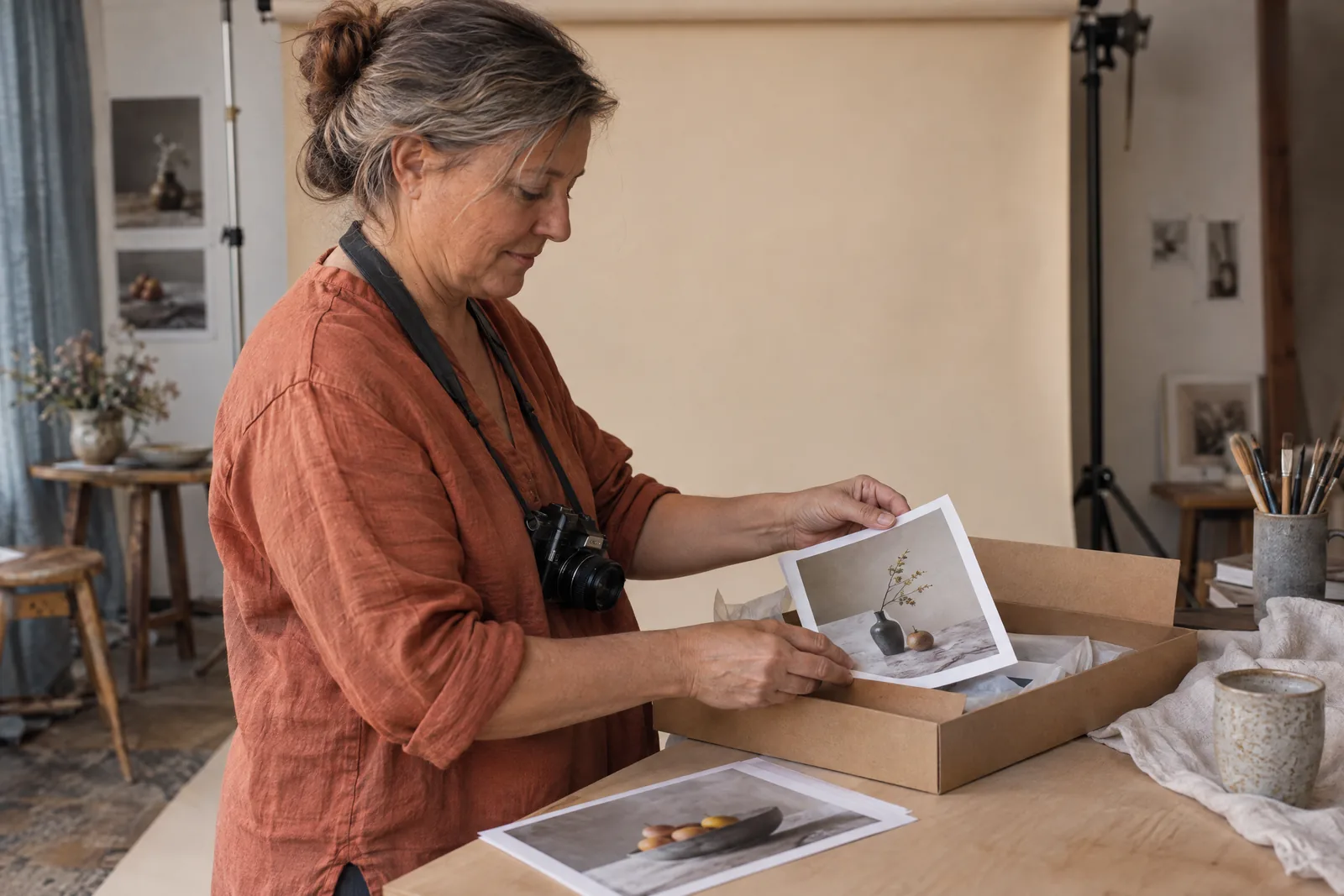 A photographer in a rust linen shirt, seen from beside, packs printed still-life photos into a kraft box in her home studio.