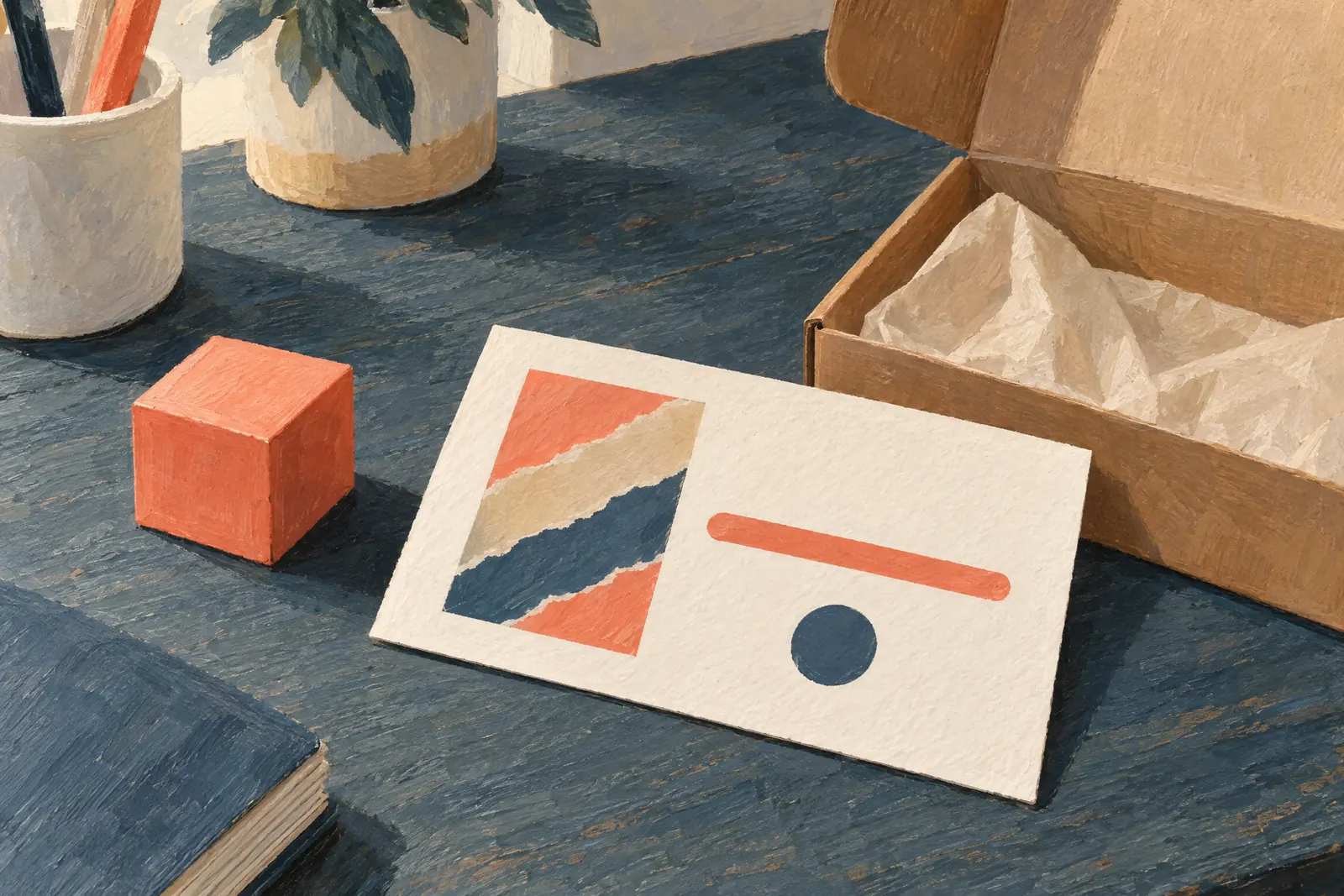 A sunroom still life of a delivery product arranged with a coral wooden cube, in coral, sand, slate, and cream.