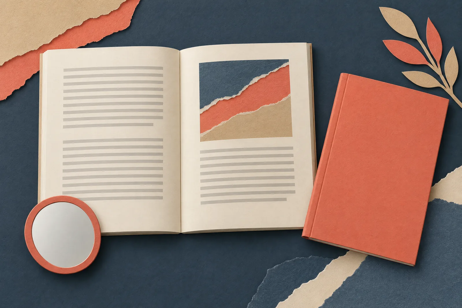 A boat cabin still life of a book product arranged with a small round mirror, in coral, sand, slate, and cream.