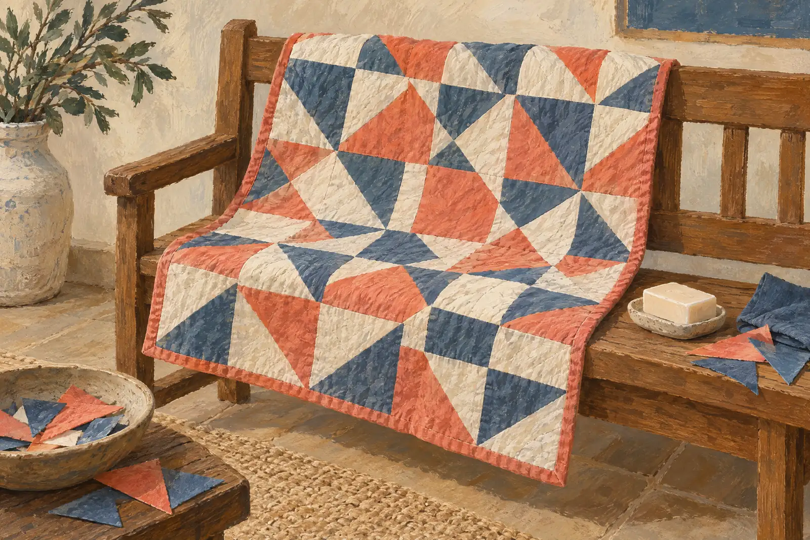A window seat still life of a craft product arranged with a bar of cream soap, in coral, sand, slate, and cream.
