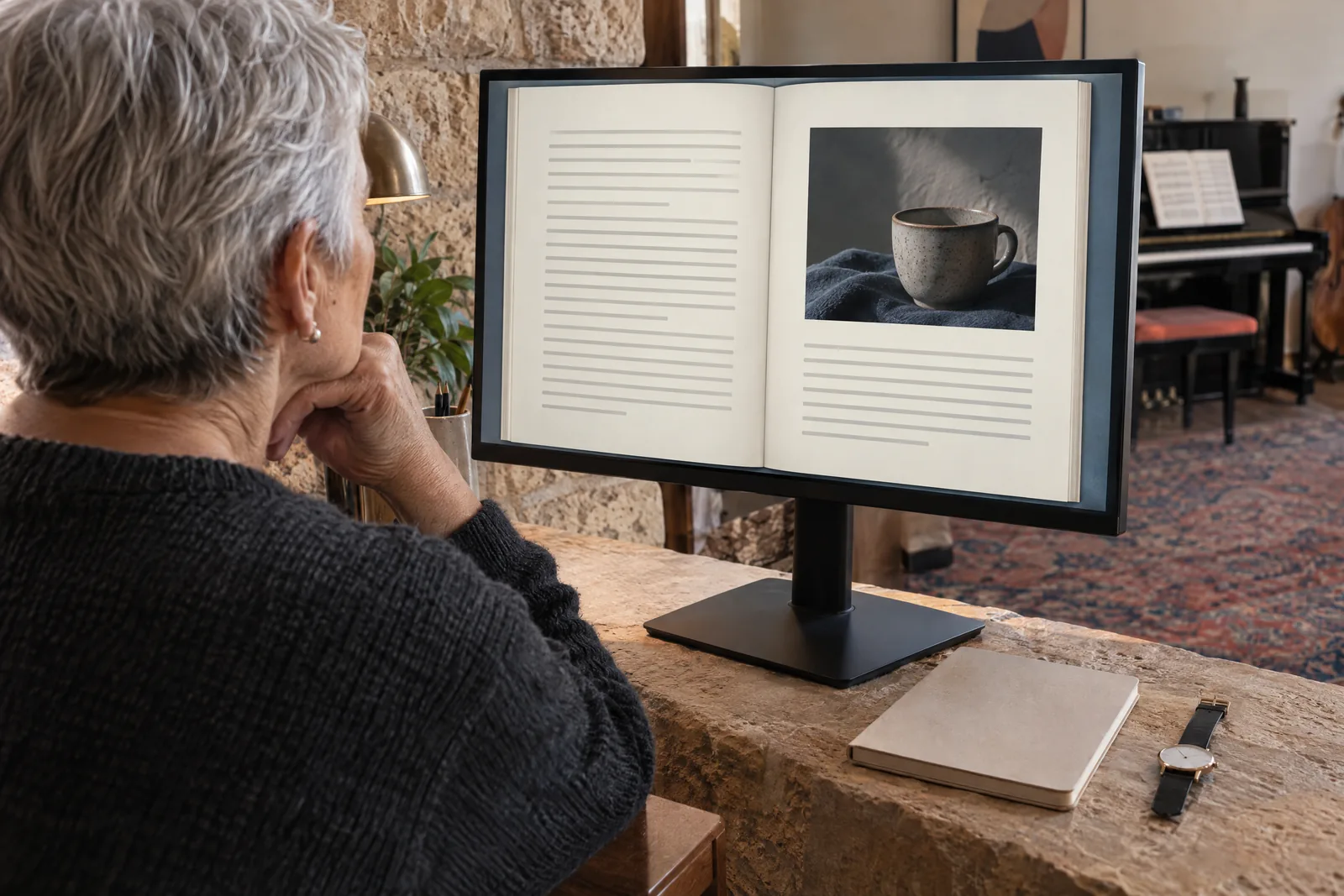 An older woman with cropped gray hair in a charcoal sweater at a music room looks at a screen showing a book product for sale, with a wristwatch with a blank face beside them.