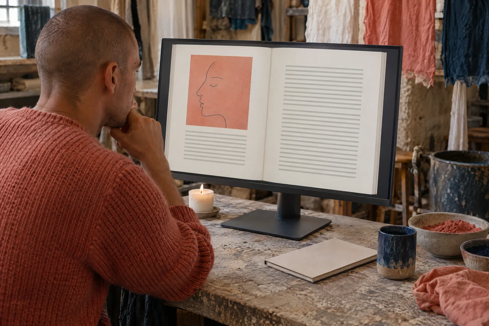 A man in his twenties with a shaved head in a coral knit sweater at a dye studio looks at a screen showing a book product for sale, with a short white candle beside them.