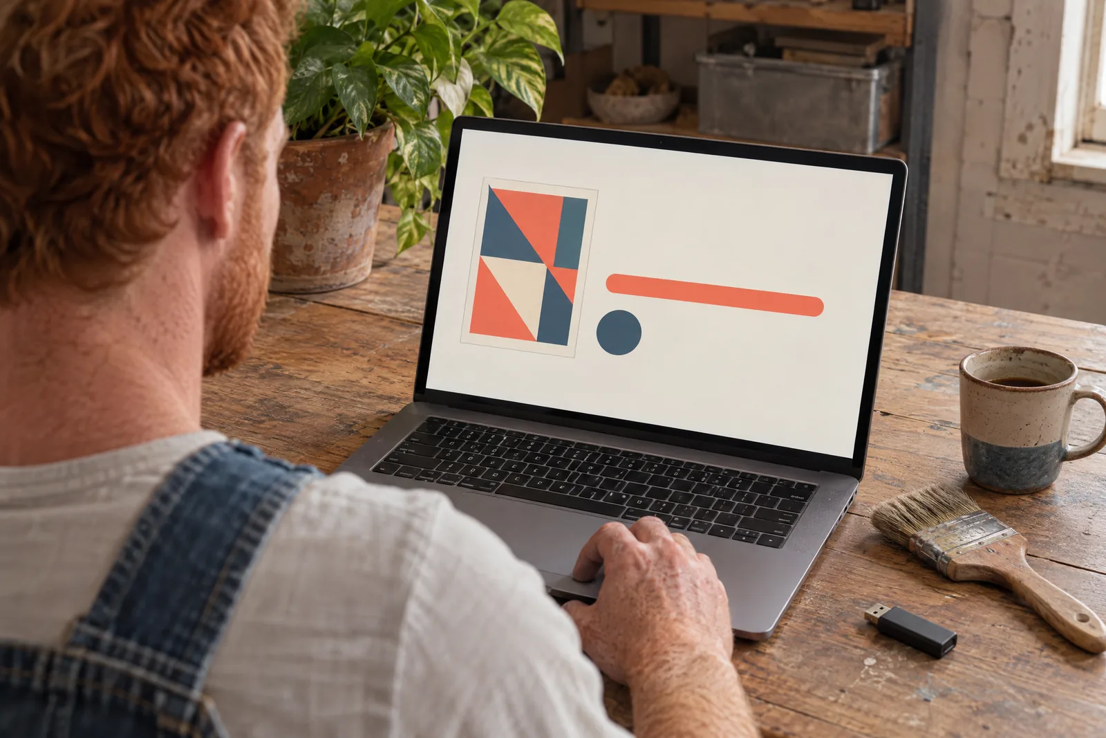A man in his thirties with red hair and freckles in a denim overalls at a photo bay looks at a screen showing a software product for sale, with a wide paintbrush beside them.