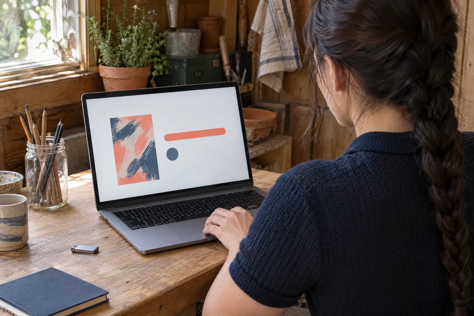 A woman in her twenties with a long dark braid in a navy knit polo at a garden shed looks at a screen showing a software product for sale, with a glass jar of pencils beside them.