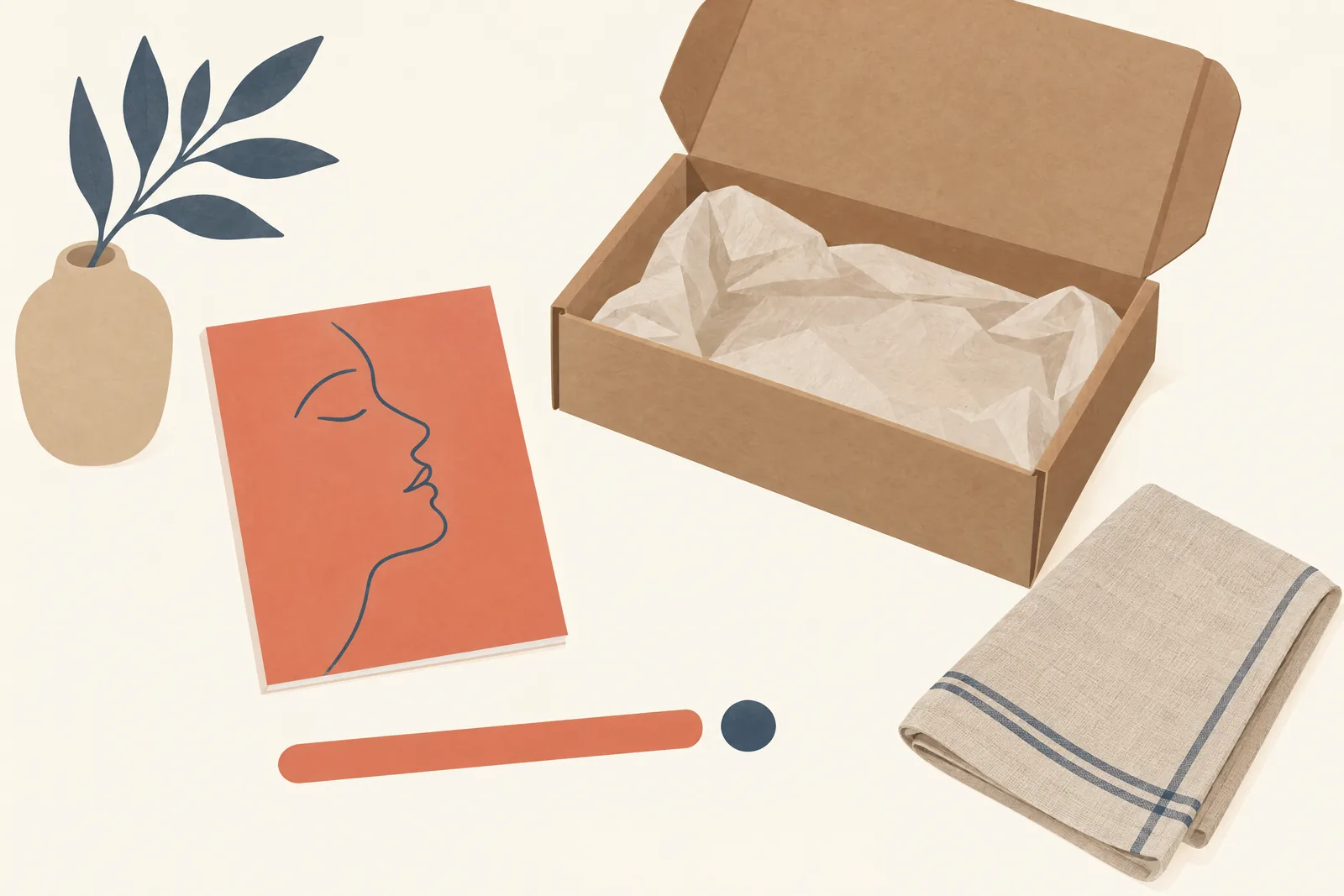 A conservatory still life of a delivery product arranged with a folded linen napkin, in coral, sand, slate, and cream.
