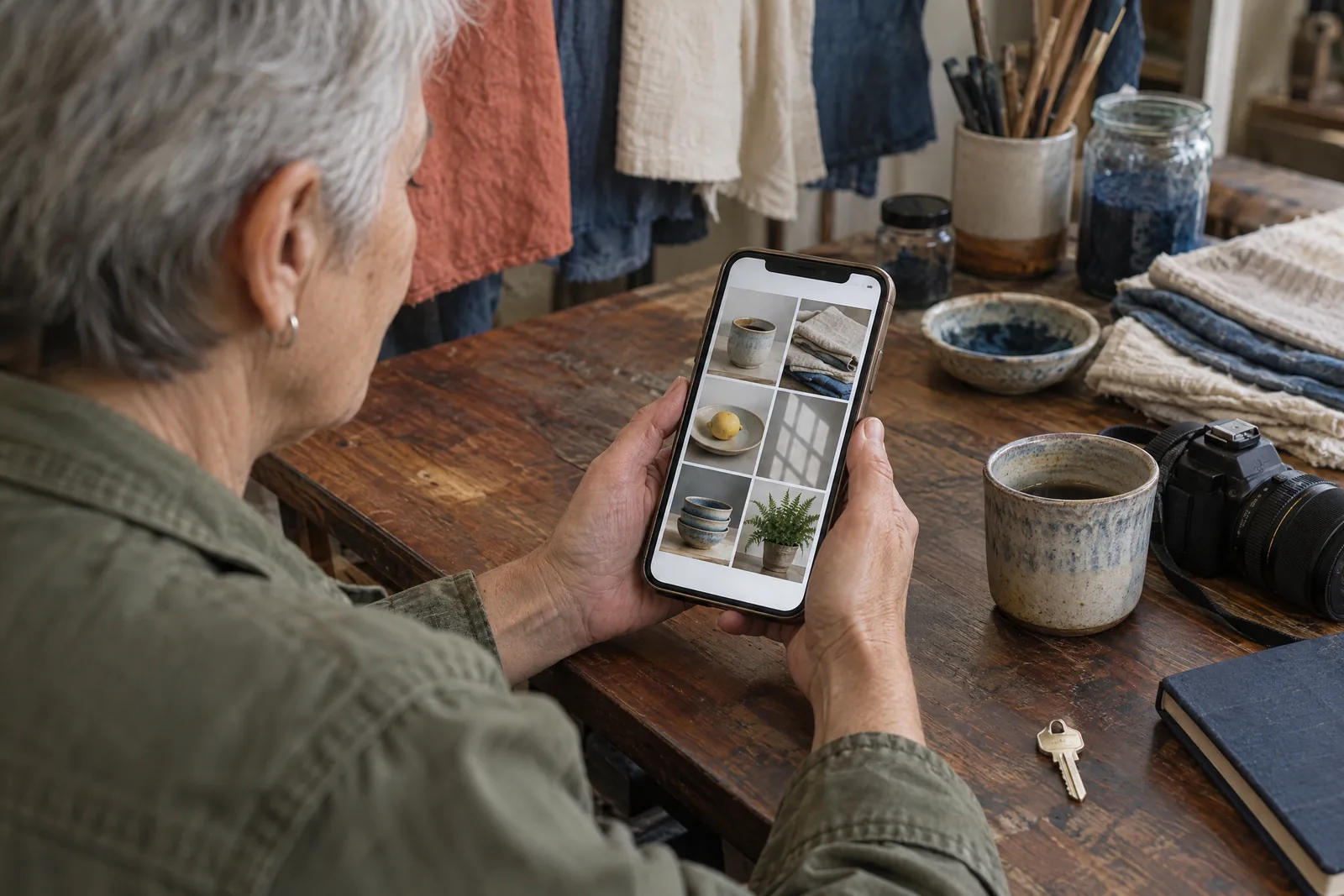 An older woman with cropped gray hair in a olive field jacket at a dye studio looks at a screen showing a photo product for sale, with a house key beside them.