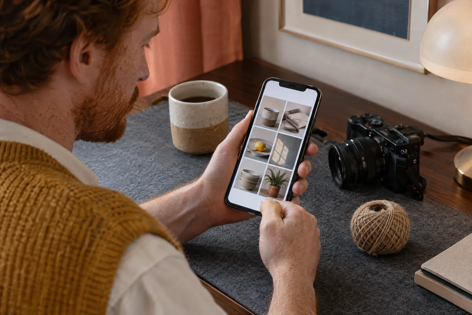 A man in his thirties with red hair and freckles in a mustard knit vest at a hotel desk looks at a screen showing a photo product for sale, with a ball of twine beside them.