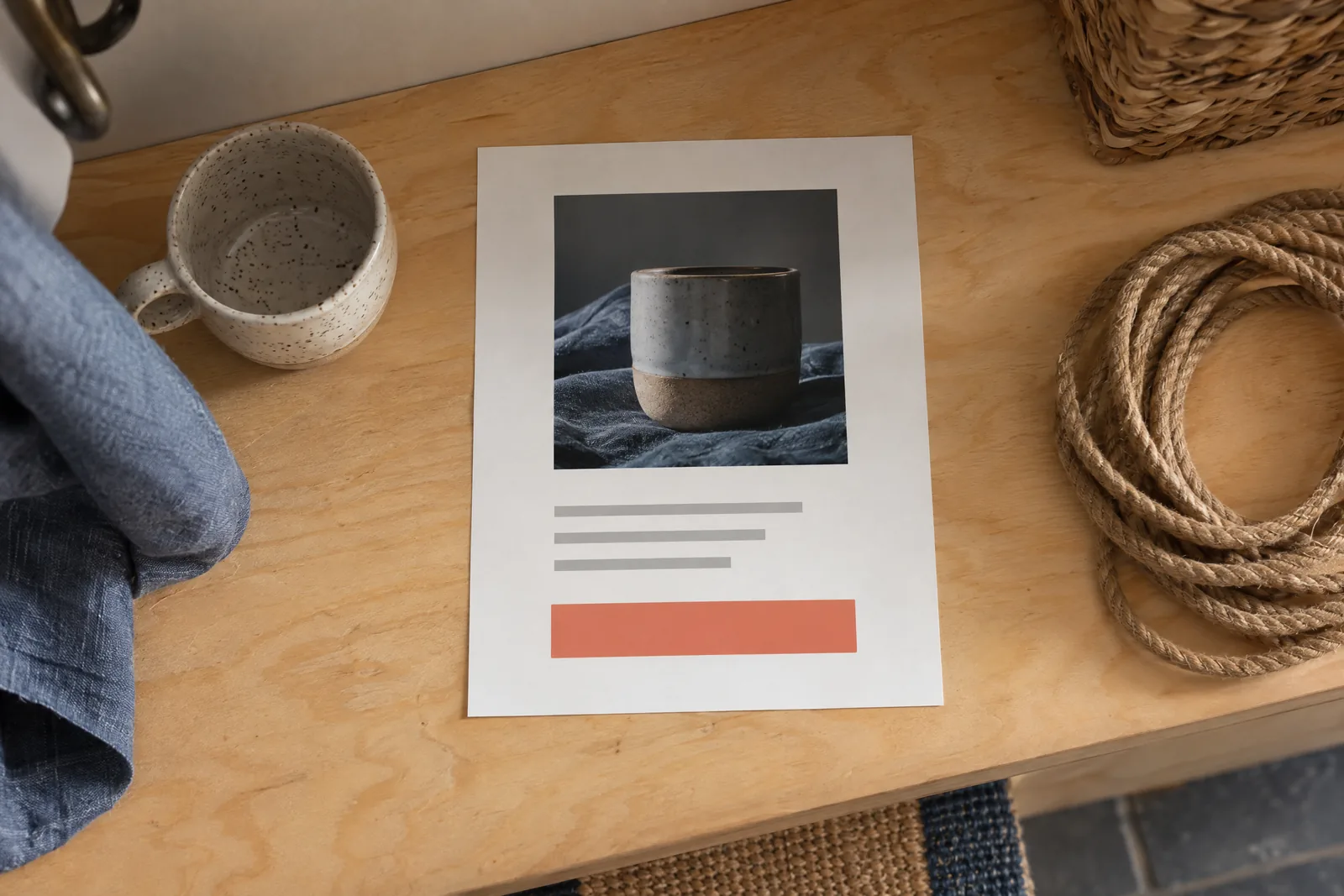A mudroom bench still life of a general product arranged with a coil of natural rope, in coral, sand, slate, and cream.