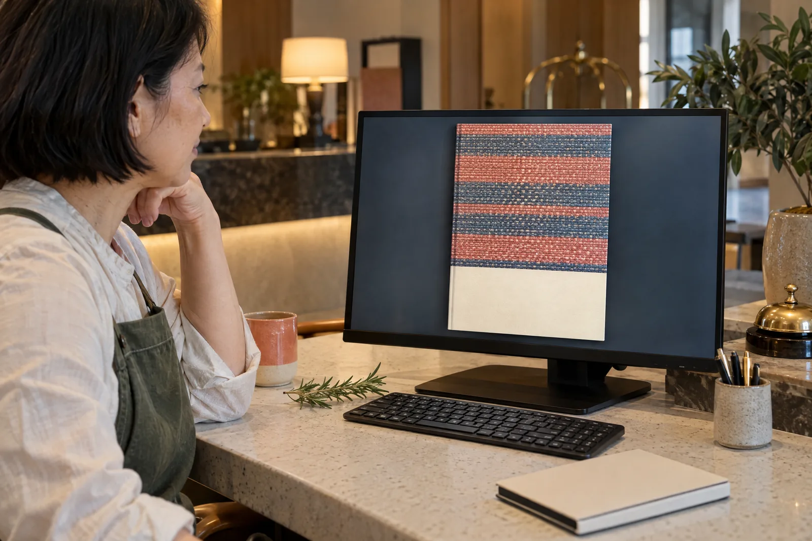 An east asian woman in her forties with a short bob in a green canvas apron at a hotel desk looks at a screen showing a ebook product for sale, with a sprig of rosemary beside them.