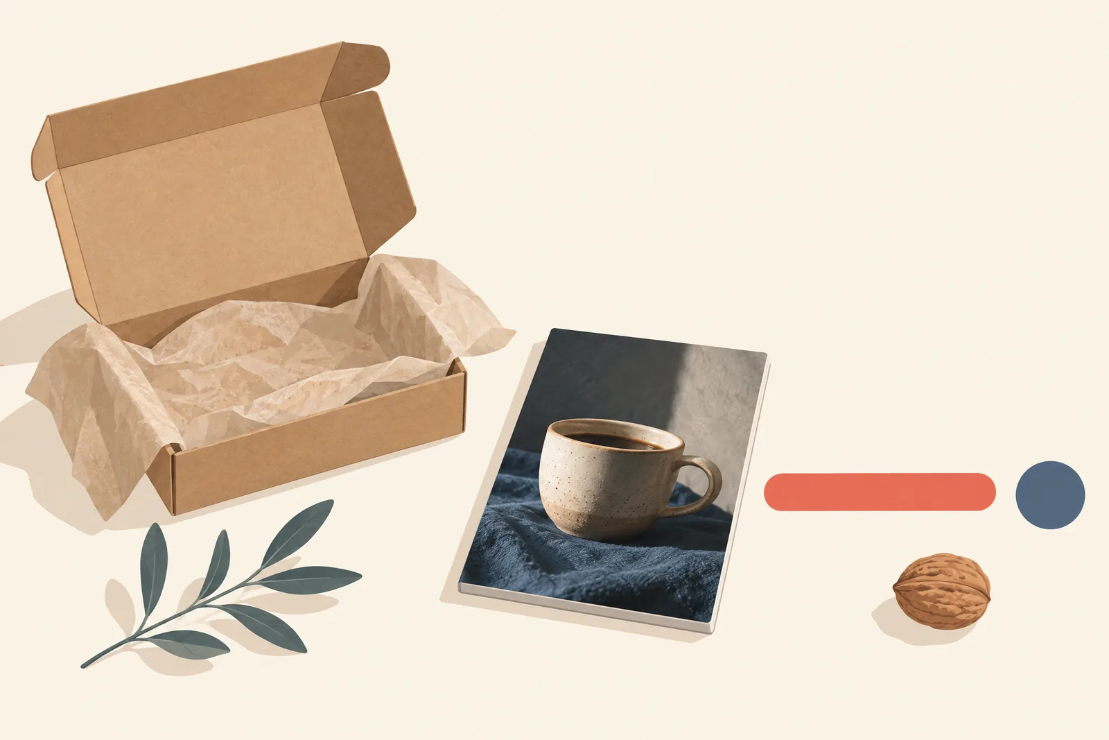 A editing bay still life of a delivery product arranged with a walnut, in coral, sand, slate, and cream.