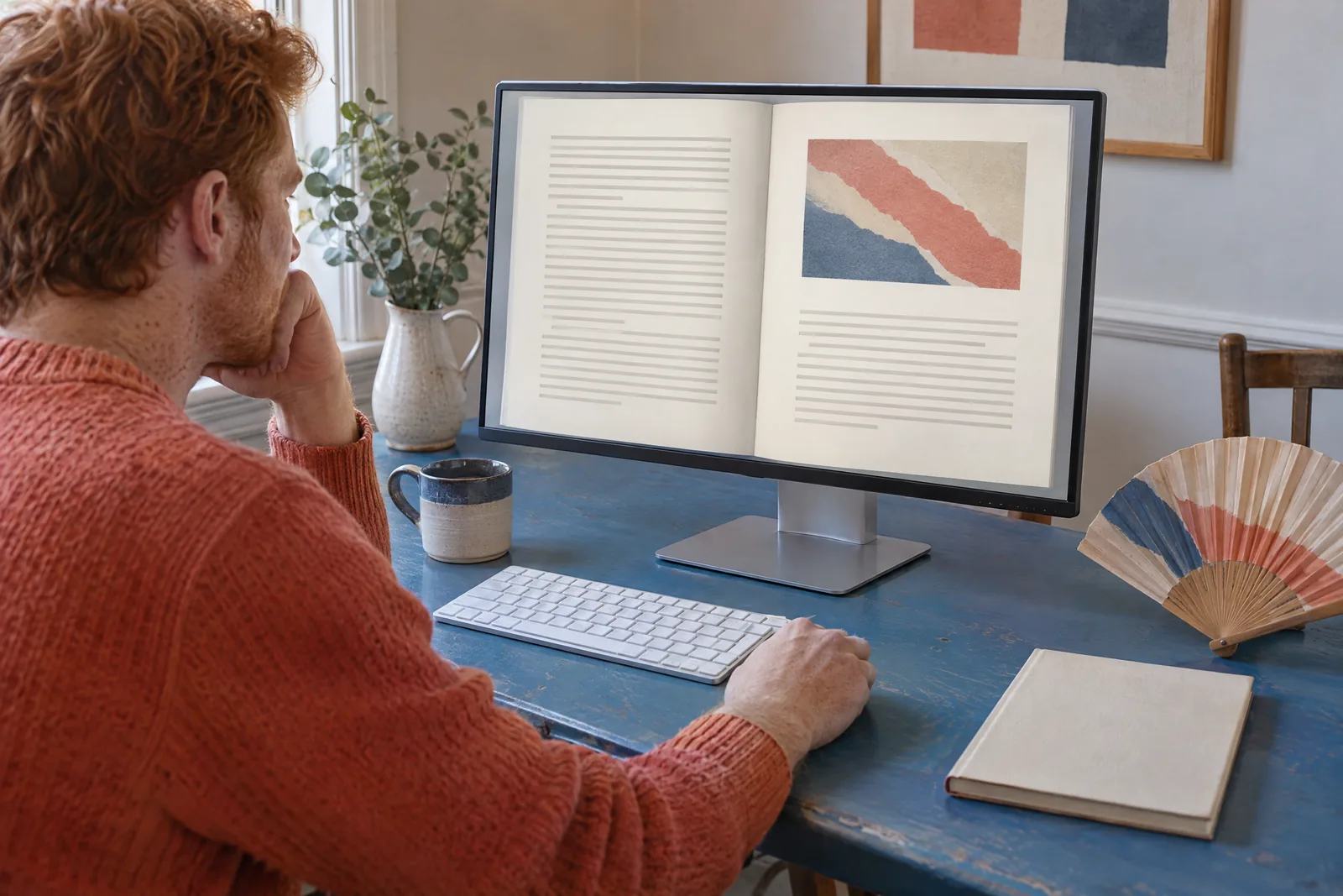 A man in his thirties with red hair and freckles in a coral knit sweater at a dining alcove looks at a screen showing a book product for sale, with a paper fan beside them.