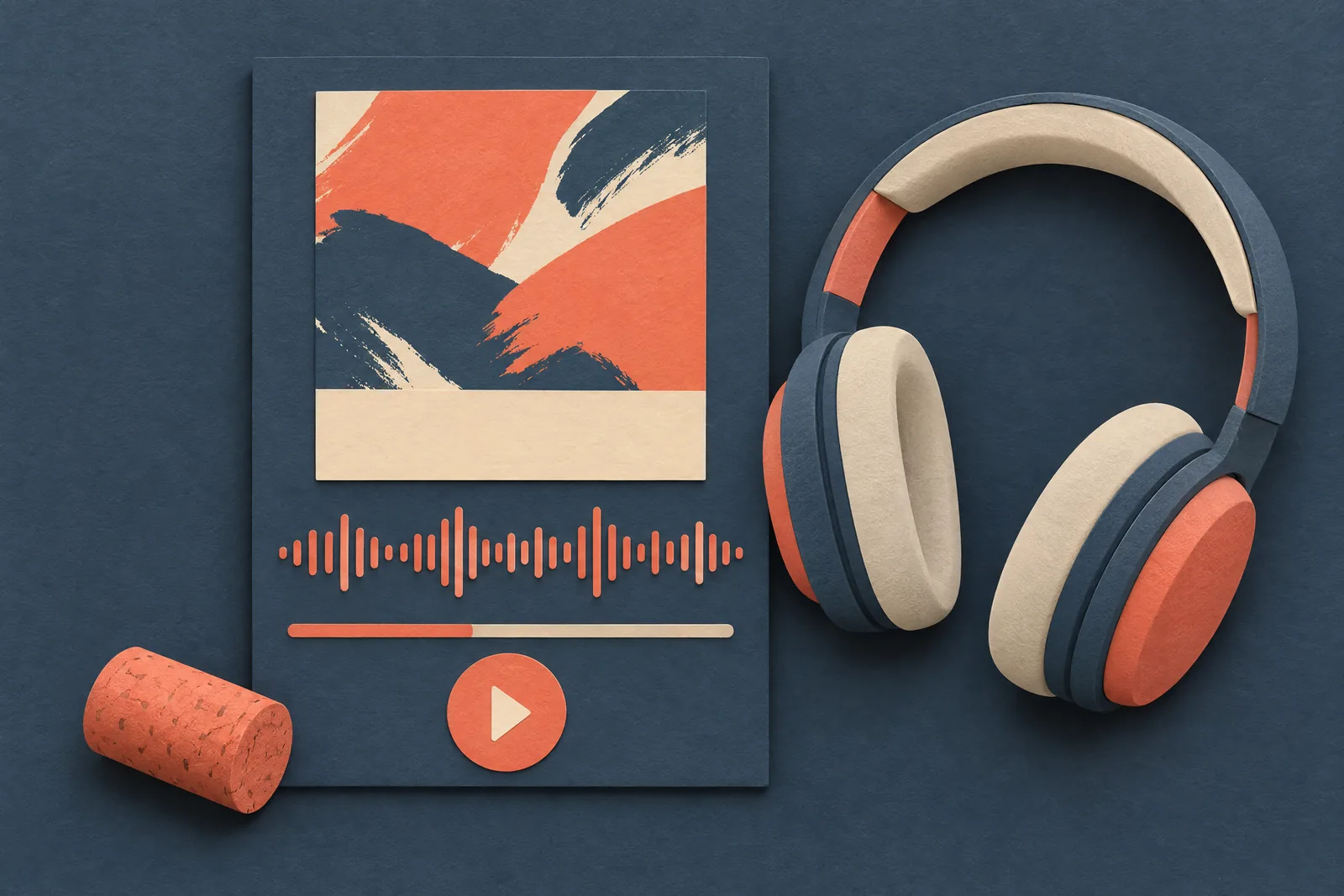 A window seat still life of a audiobook product arranged with a cork, in coral, sand, slate, and cream.