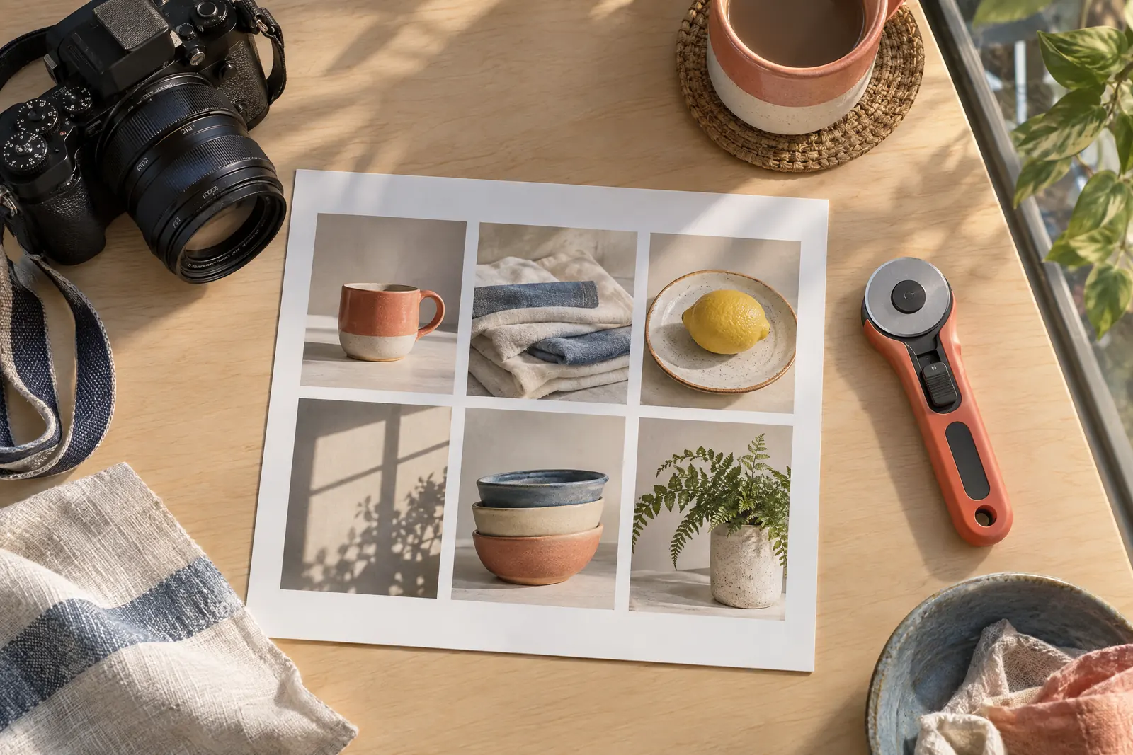 A glass balcony still life of a photo product arranged with a rotary cutter, in coral, sand, slate, and cream.