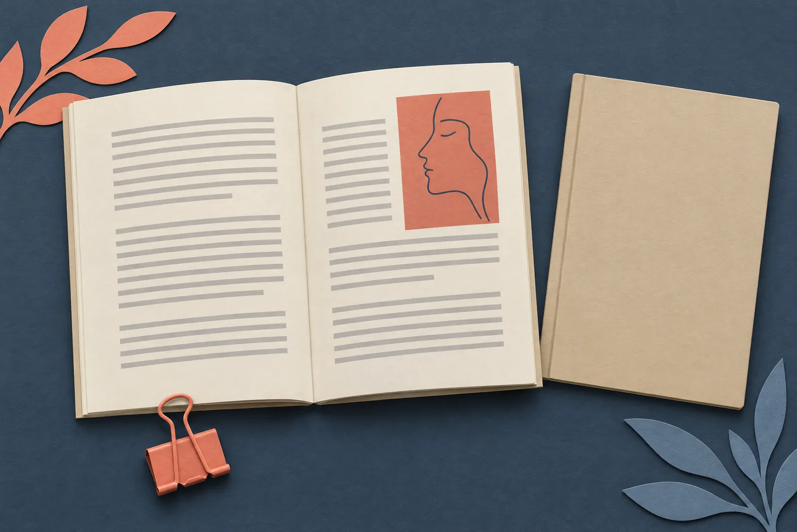 A bakery side counter still life of a book product arranged with a black binder clip, in coral, sand, slate, and cream.