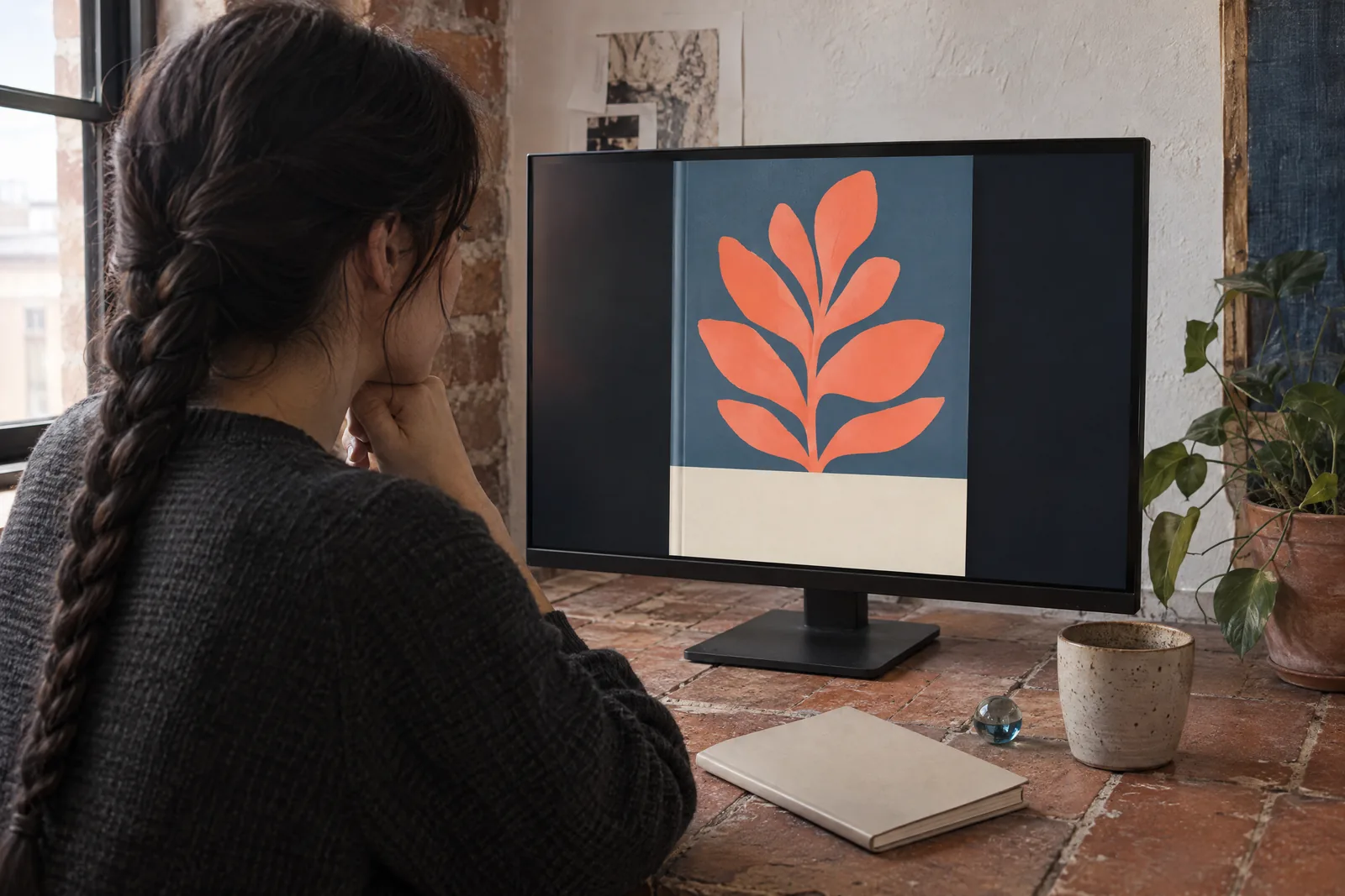 A woman in her twenties with a long dark braid in a charcoal sweater at a loft corner looks at a screen showing a ebook product for sale, with a glass marble beside them.