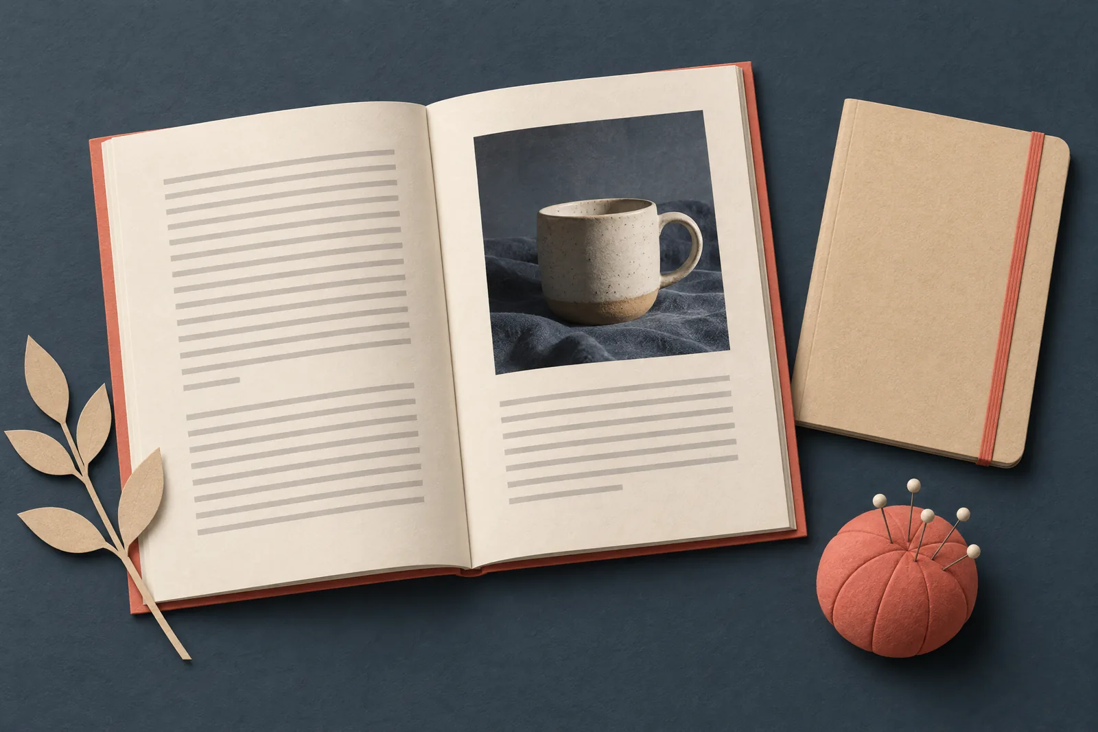 A lamp workshop still life of a book product arranged with a round pin cushion, in coral, sand, slate, and cream.