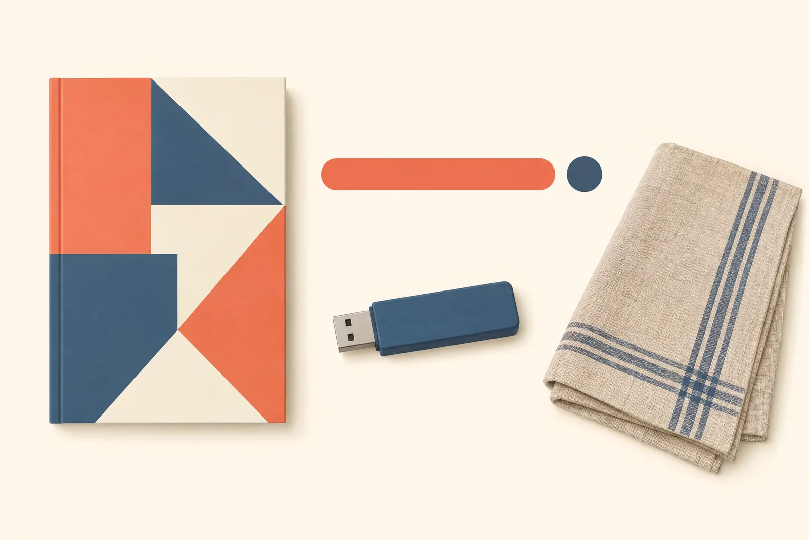 A covered porch still life of a software product arranged with a folded linen napkin, in coral, sand, slate, and cream.