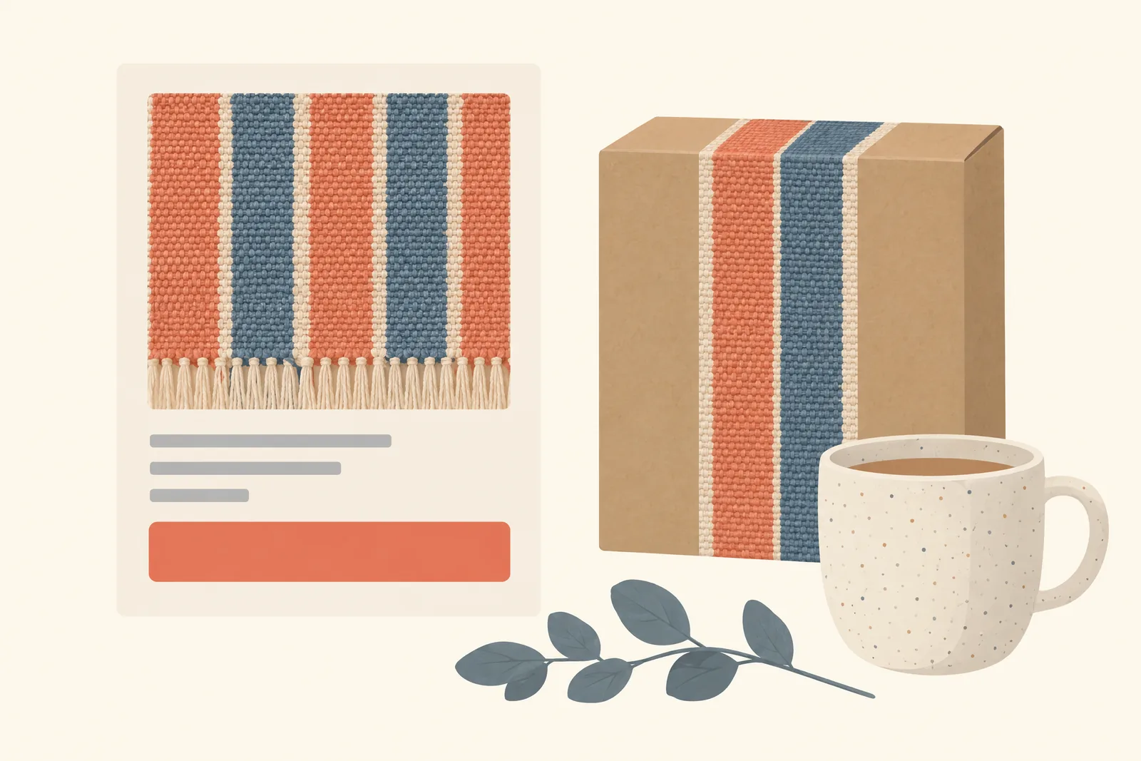 A garage workshop still life of a general product arranged with a flat kraft sleeve, in coral, sand, slate, and cream.