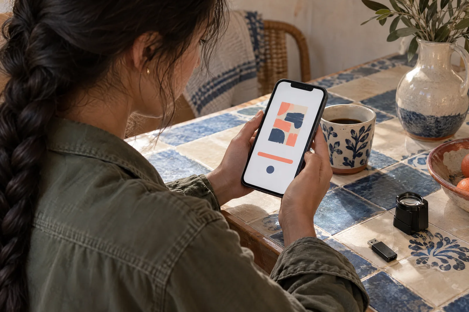 A woman in her twenties with a long dark braid in a olive field jacket at a dining alcove looks at a screen showing a software product for sale, with a film loupe beside them.