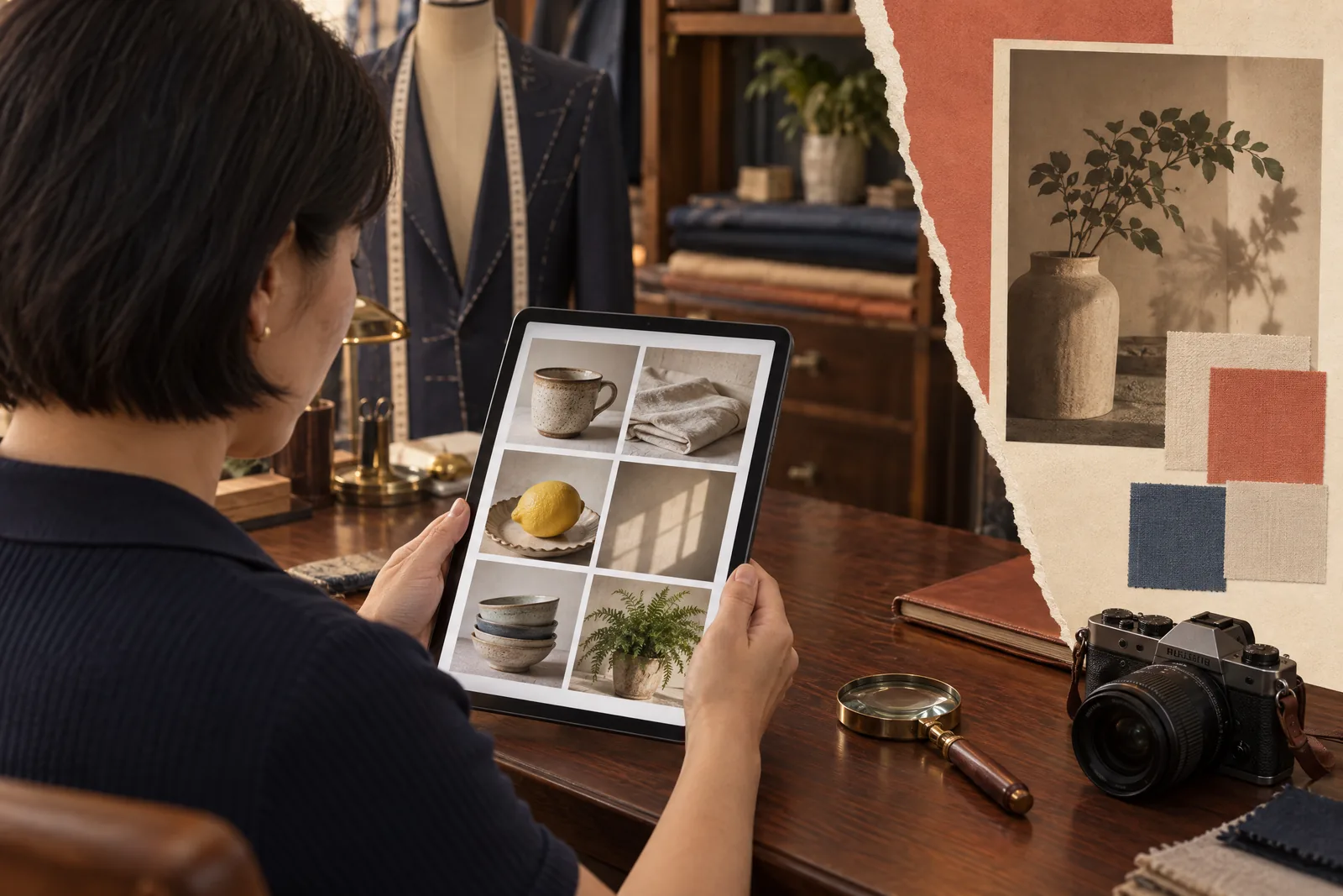 An east asian woman in her forties with a short bob in a navy knit polo at a tailor shop looks at a screen showing a photo product for sale, with a magnifying glass beside them.