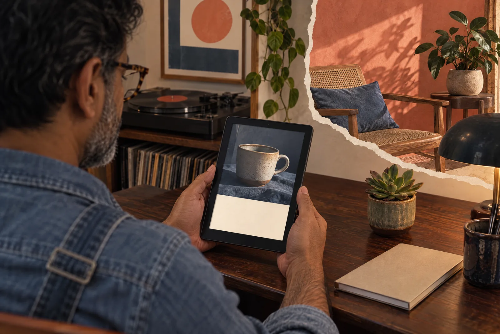 A south asian man in his forties with tortoiseshell glasses in a denim overalls at a record nook looks at a screen showing a ebook product for sale, with a tiny succulent beside them.