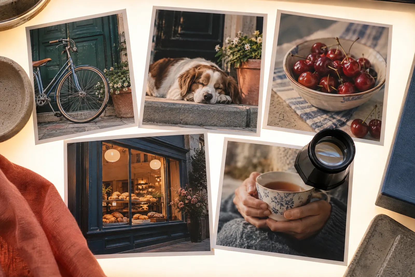 Overhead view of small printed photographs of a bicycle, a dog, and cherries on a glowing light table, with a film loupe.